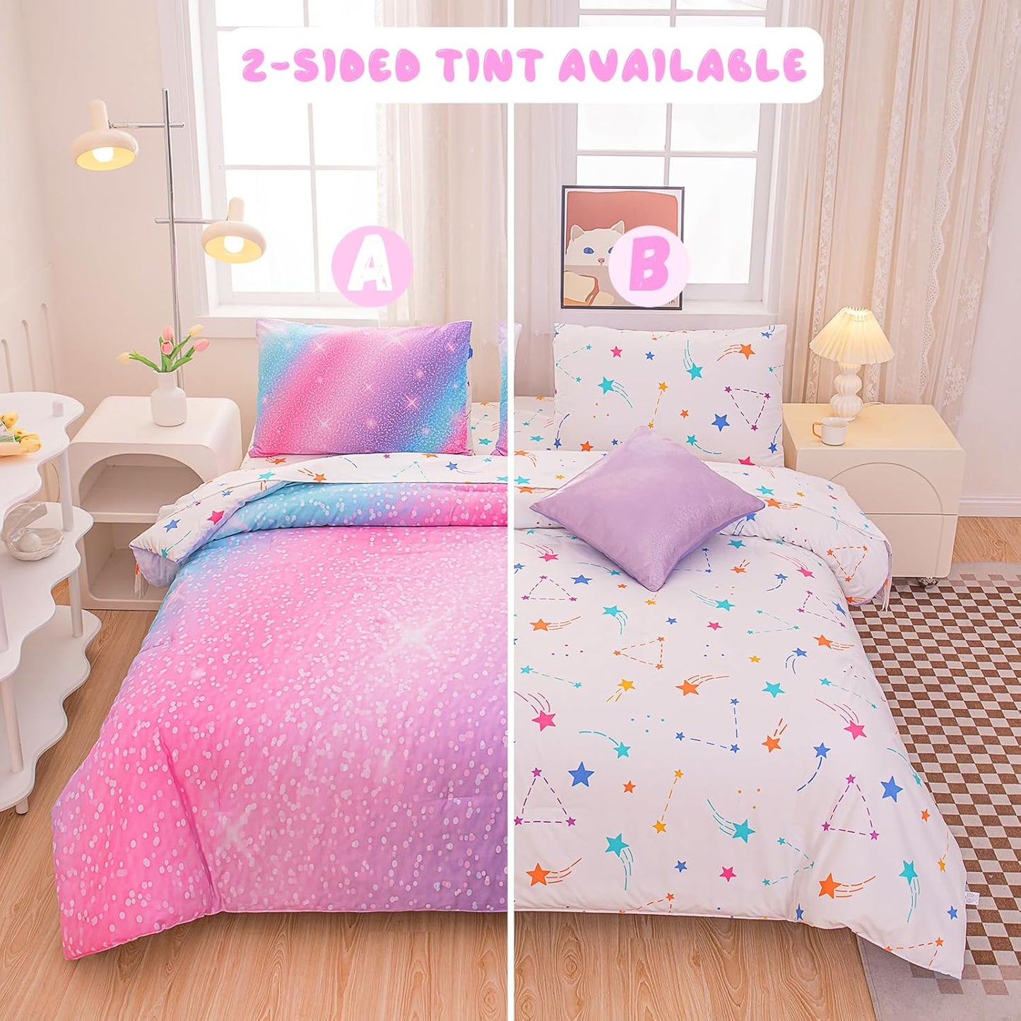Rainbow Bedding Set Queen Size – 6-Piece Reversible Girls Comforter with Deep-Pocket Sheet, Gradient Galaxy Design, Whole-Piece Filling, Machine Washable Bed-in-a-Bag for Kids Room Makeover & Gifts