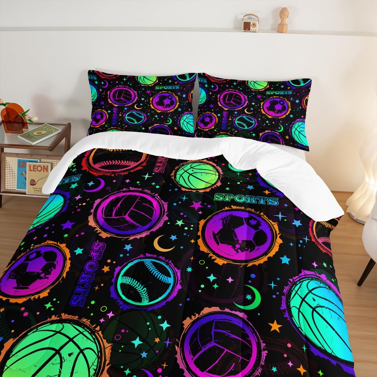 Ball Games Bedding Basketball Football Baseball King Comforter Set,Colorful Neon Stars and Moon Bedding Set for Kids Girls Boys Room Decor,Sports Aesthetic Bedding Sets with 2 Pillowcases.
