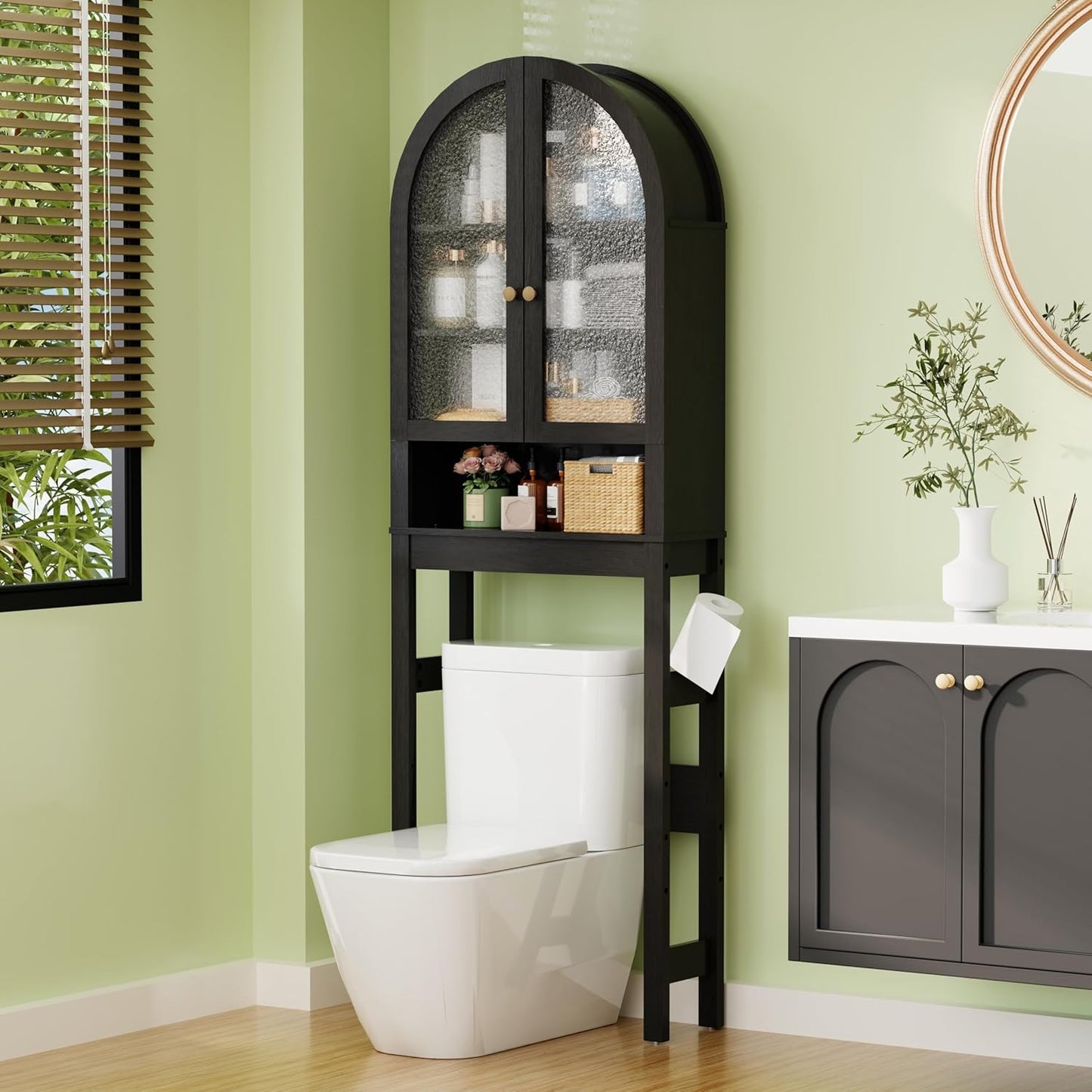 Over The Toilet Storage Cabinet, 23.7”W Modern Storage Cabinet Over Toilet with Rattan Doors, Arched Freestanding Over Toilet Rack with Adjustable Shelf for Bathroom, Dark Brown