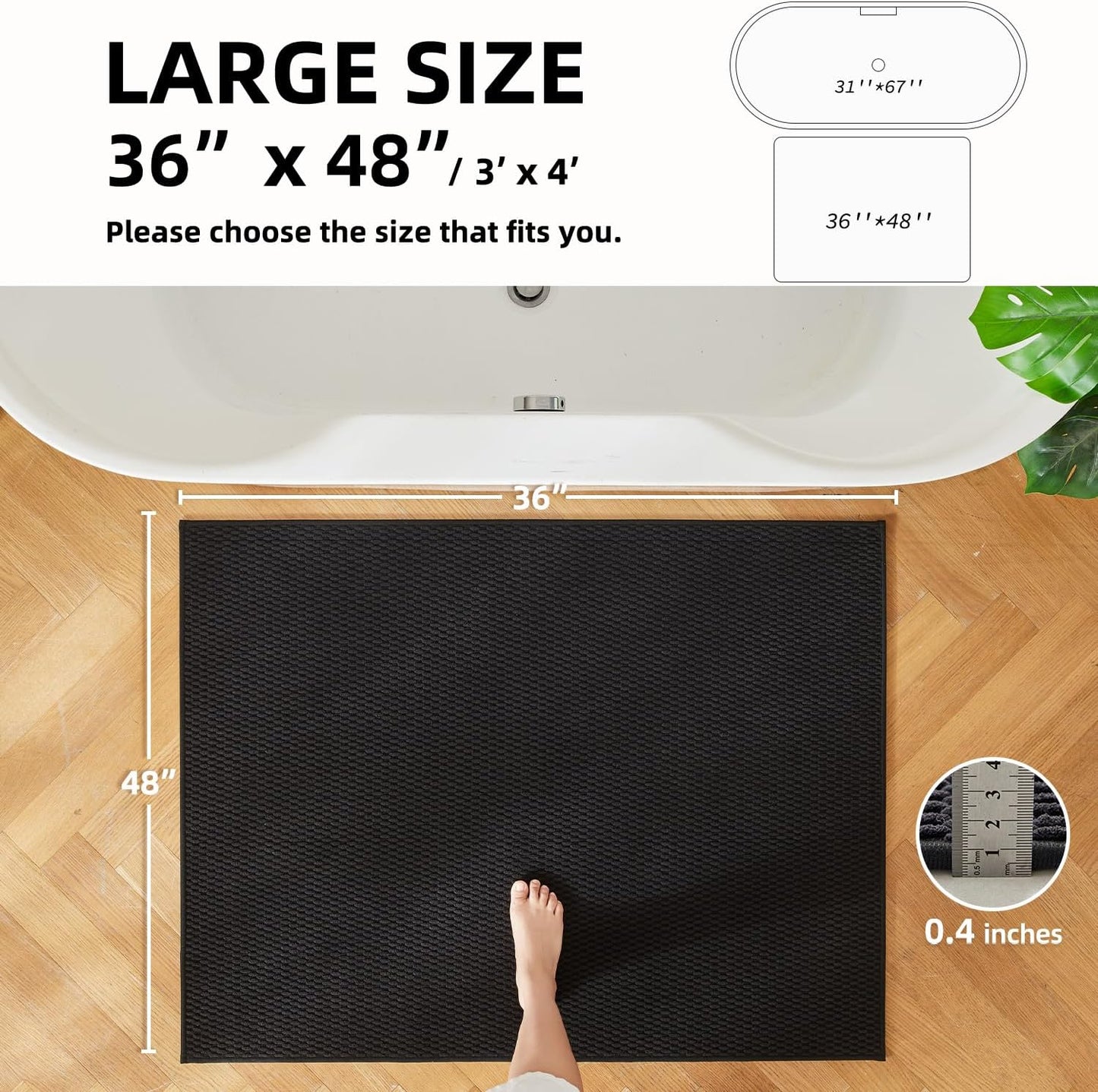 Black Large Bathroom Rugs Non Slip Washable Bath Rugs Super Absorbent Bathroom Rug Thin Quick Dry Low Pile Bath Mats, Black 36''x48''
