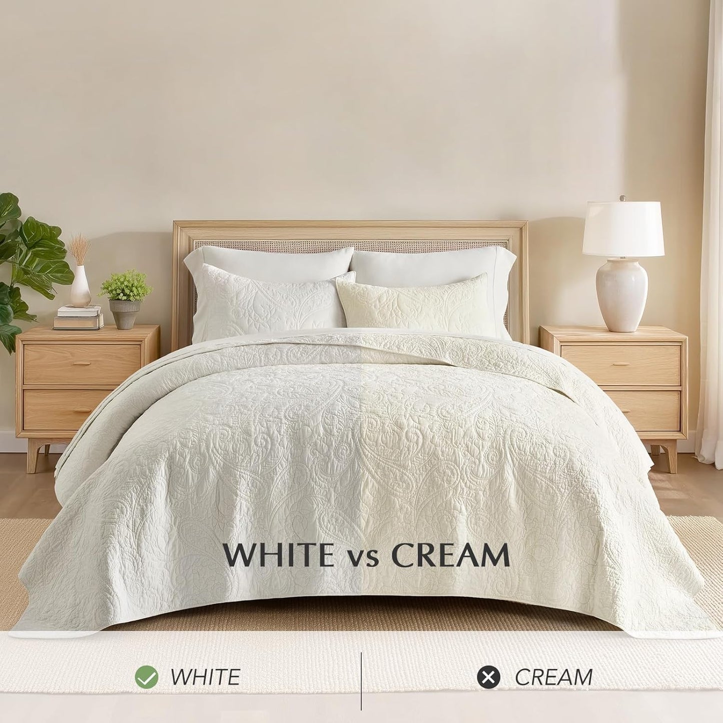 EVERGRACE 100% Cotton Paisley Quilt Set, Queen Size 3 Piece Set – Prewashed Lightweight Bedspread with 2 Shams, Soft & Breathable Matelasse Coverlet for All-Season Comfort, Bright White