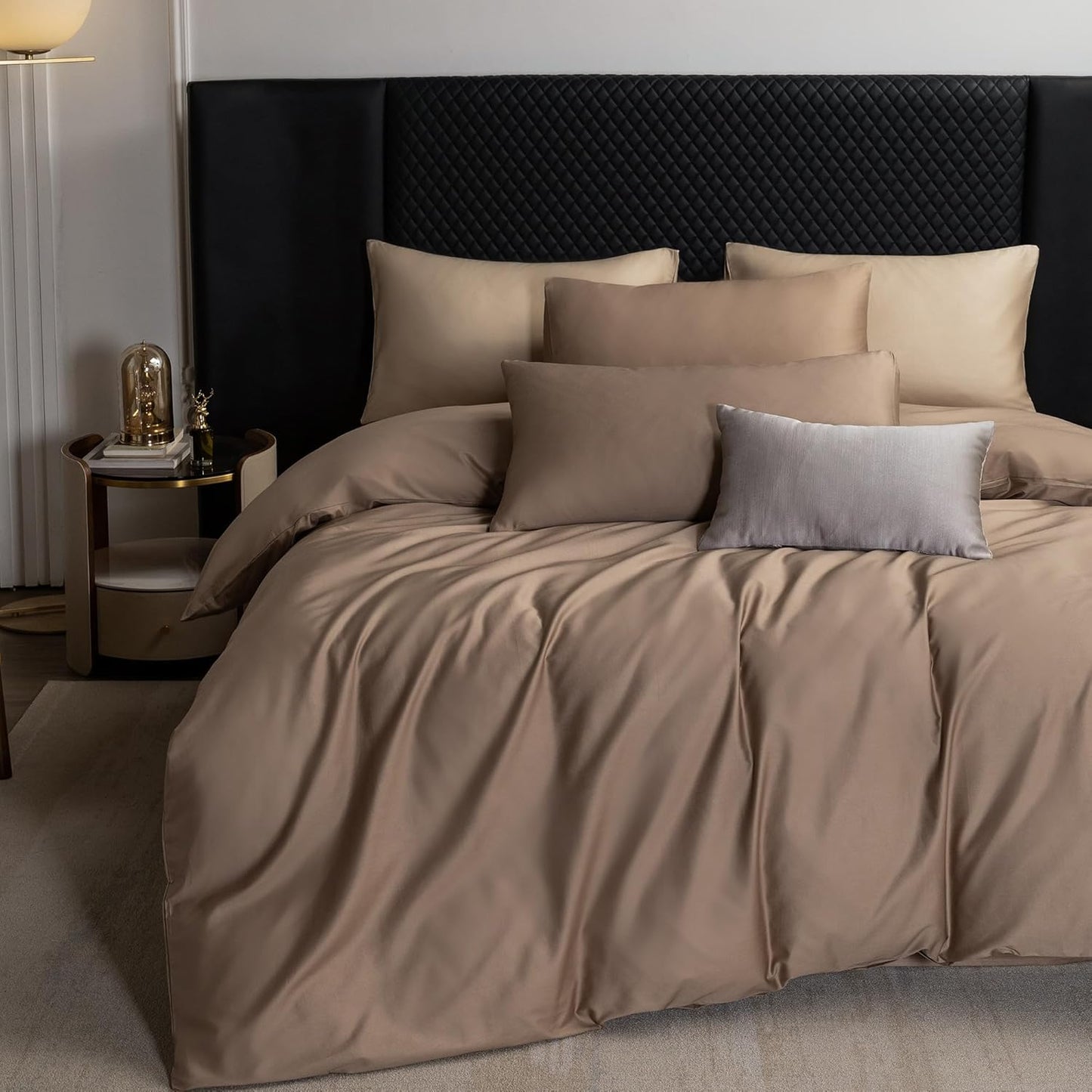 MooMee Duvet Cover Set 100% Extra Long Staple Cotton 600 Thread Count Silky Sateen Smooth Luxury Soft Breathable Durable Hotel Quality Bedding, 3 Pieces (Brown, Full 80"x90")