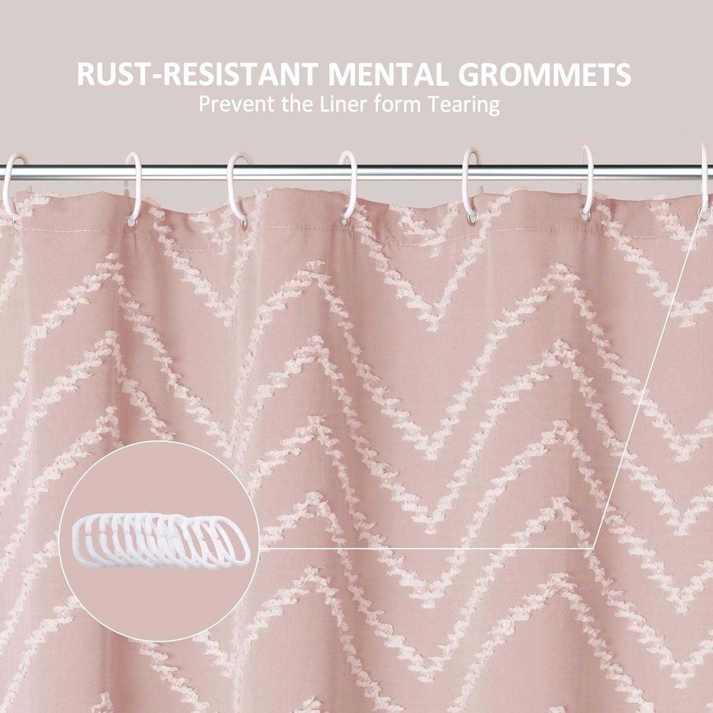 Pink Boho Shower Curtain White Tassel Woven Fabric Cute Shower Curtain 60 x 72 Modern Farmhouse Textured Tufted Chevron Striped Minimalist for Bathroom