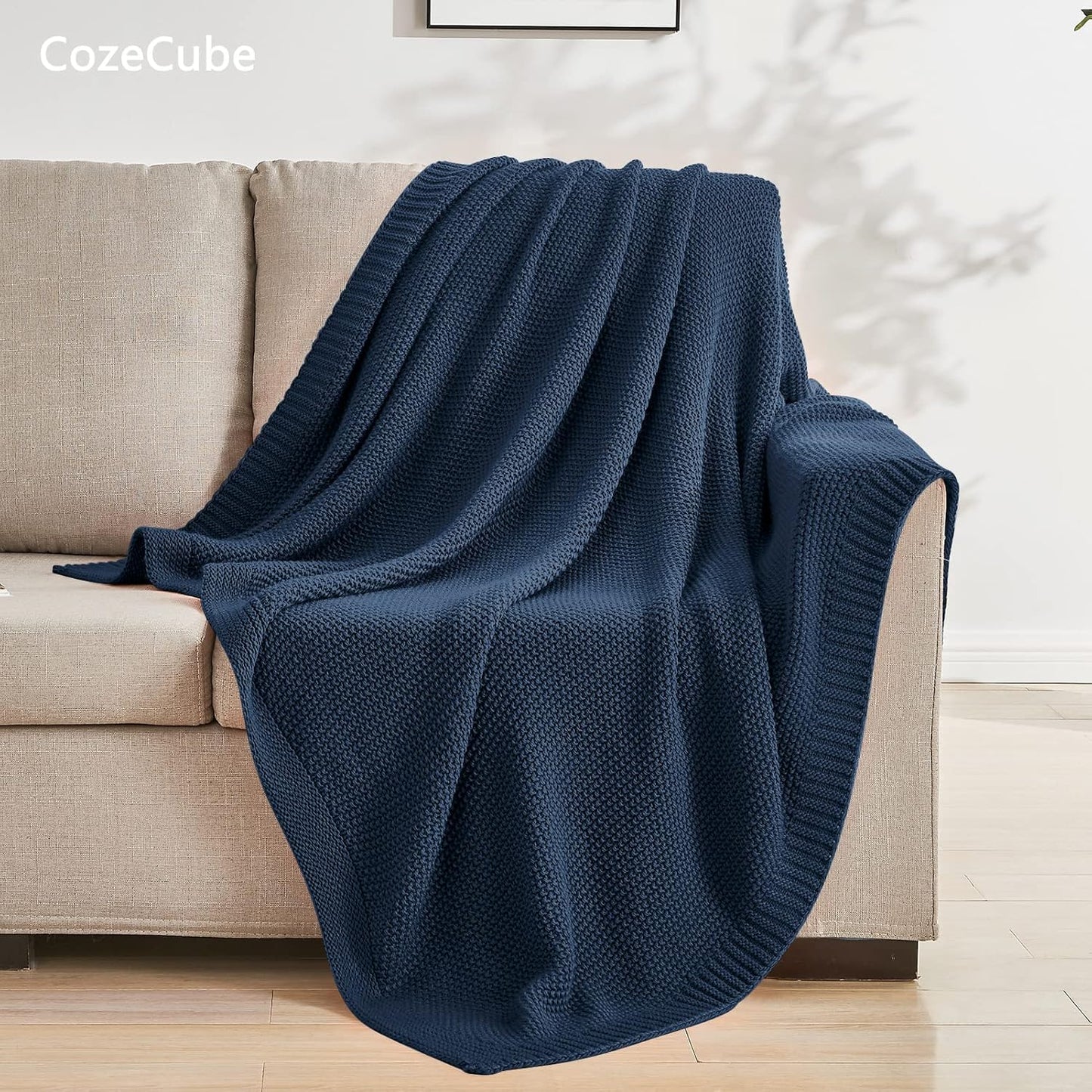 CozeCube Navy Blue Throw Blanket for Couch, Soft Cozy Cable Knit Throw for Bed Sofa Living Room, Lightweight Warm Decorative Farmhouse Christmas Blanket, 50"x60", Navy Blue