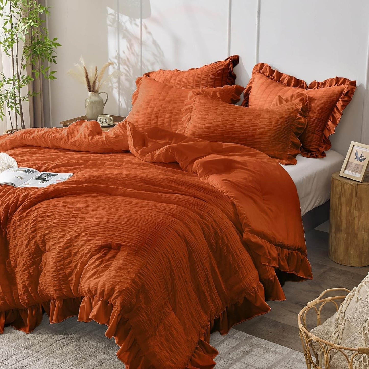 JOLLYVOGUE Burnt Orange Twin Size Comforter Set, 2 Pieces Seersucker Lightweight Fluffy Bedding Set, Twin Ruffle Comforter, All Season Soft Microfiber Shabby Chic Bed Set