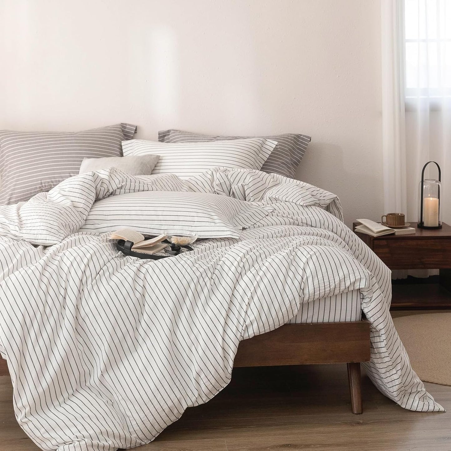 Stripe Duvet Cover California King Size 104inch x 98inch, 100% Washed Cotton Linen Feel Duvet Cover with Zipper Closure and 2 Pillowcases, Color of White-Dark Grey Stripe