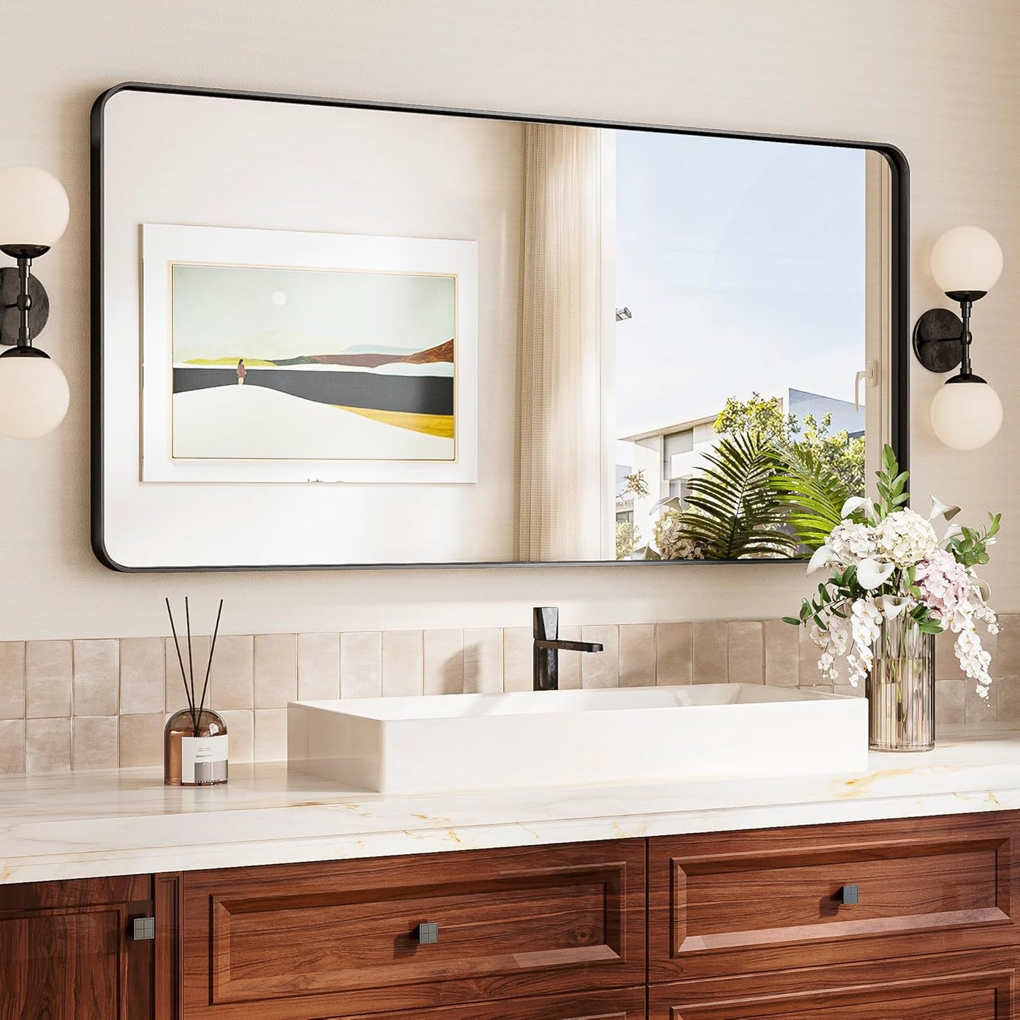 TokeShimi 48x24 Matte Black Bathroom Mirror for Over Sink,Bathroom Mirror Rectangle with Tempered Glass,Vanity Mirror with Seamless Aluminum Frame(Horizontal/Vertical)