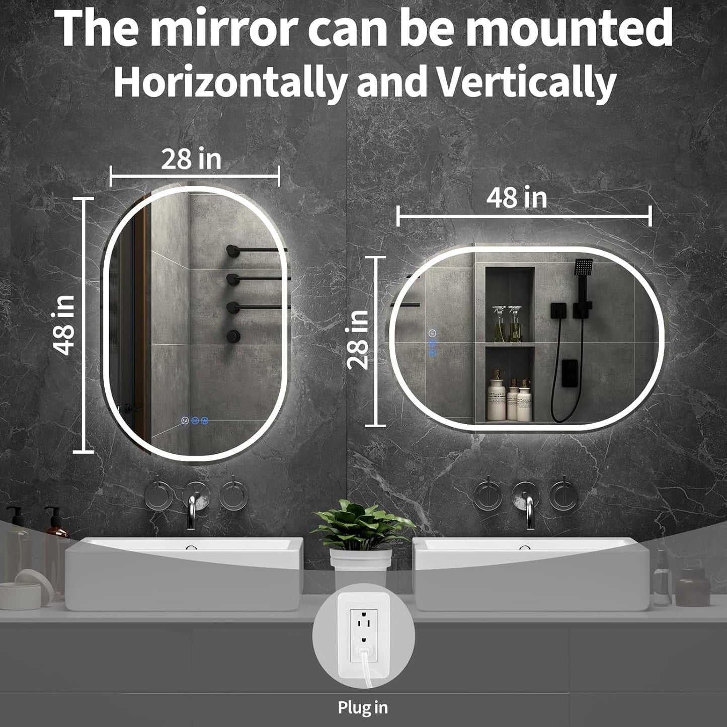 Bathroom Mirror 28"x48" LED Bathroom Mirror with Lights, Anti-Fog, Dimmable Oval Mirrors with Front Light and Backlit, Modern Farmhouse Wall Mounted Mirror for Decorative