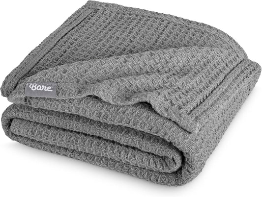 Bare Home Grey Waffle Blanket, Throw Size 44Wx66L, 100% Cotton, Soft & Breathable for All Seasons, Lightweight, Perfect for Layering Bed, Sofa & Couch (Throw/Travel, Grey)