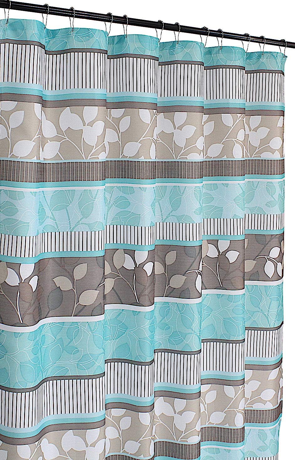 Serafina Home Hotel Quality Fabric Bathroom Shower Curtain: Striped Floral - Teal, Blue, Brown, Beige and White (72 x 70 inches)