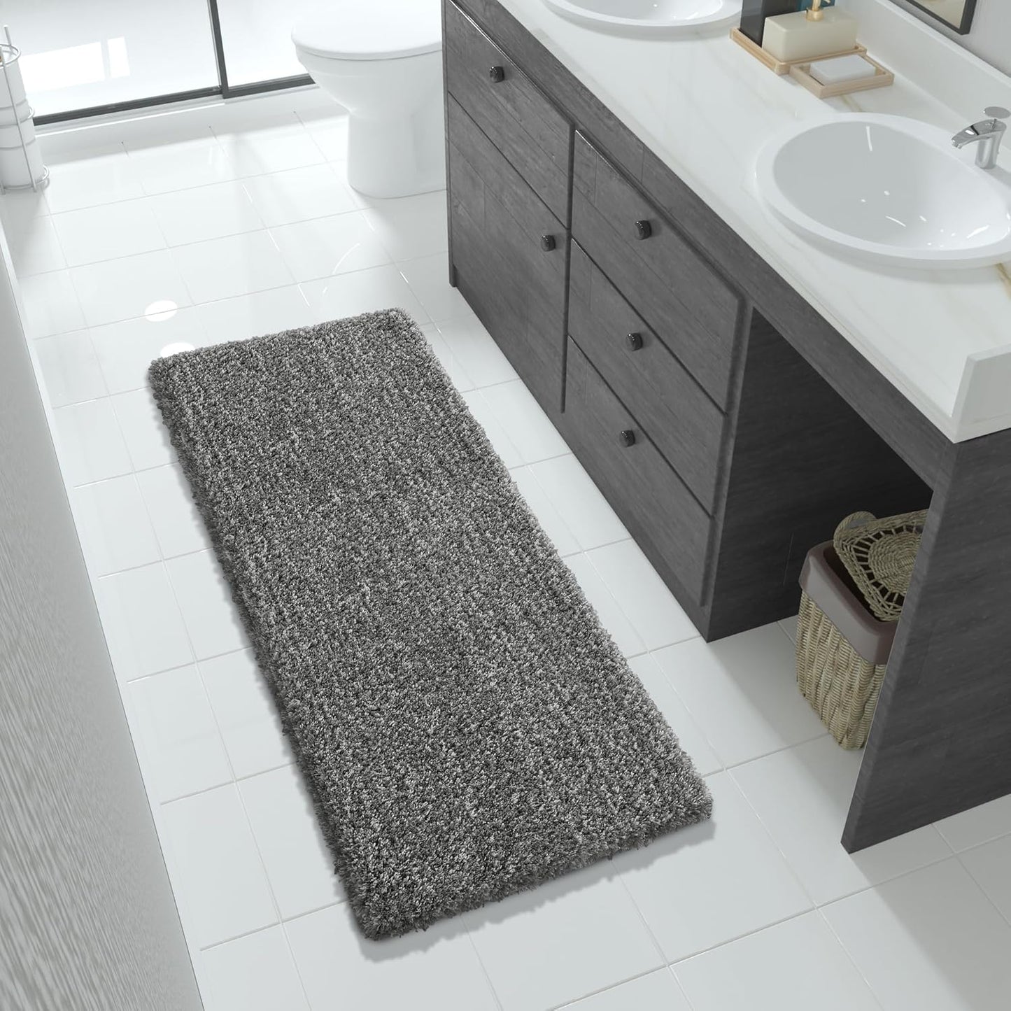 Yimobra Luxury Bathroom Rugs, Fluffy Bath Mats, Non Slip, Water Absorbent Microfiber, Machine Washable, Plush Runner Shower Rug, Thick Mat for Bathroom Floor/Tub, 56"x 24", Light Gray and Black Gray