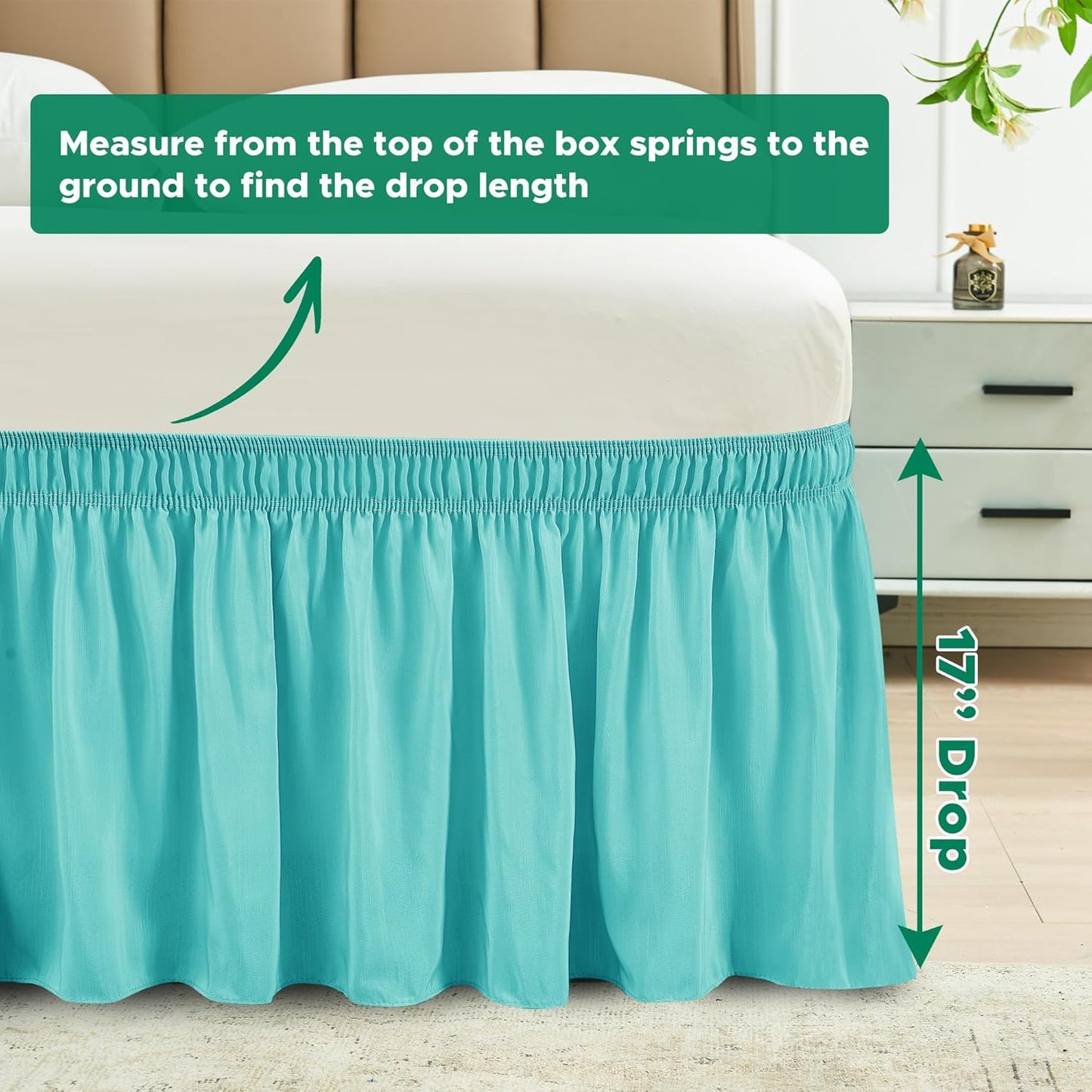 Biscaynebay Wrap Around Bed Skirts for King & Cal King Beds 17" Long Drop, Aqua Adjustable Elastic Dust Ruffles Easy Fit Wrinkle Resistant Silky Luxurious Fabric Machine Washable