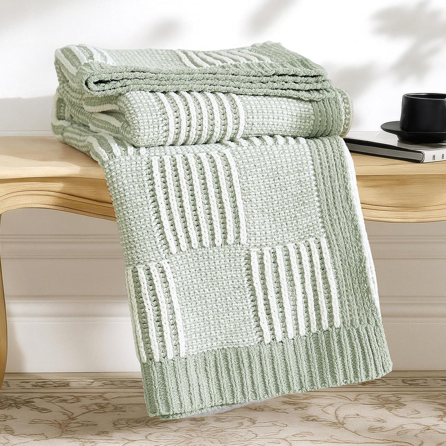 Amélie Home Checkered Knit Throw Blanket for Couch, Chenille Texture Decorative Soft Blanket for Sofa & Chair, 50"x60", Sage Green & White