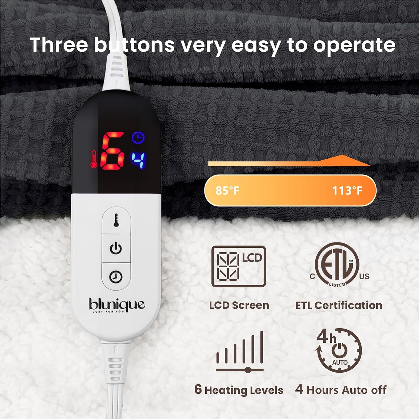 Heated Blanket Electric Throw Waffle, 50x60 Inches Sherpa Fleece Fast Heating Blanket 6 Heating Levels & 4 Hours Auto Off ETL Certification,Charcoal Grey Throw