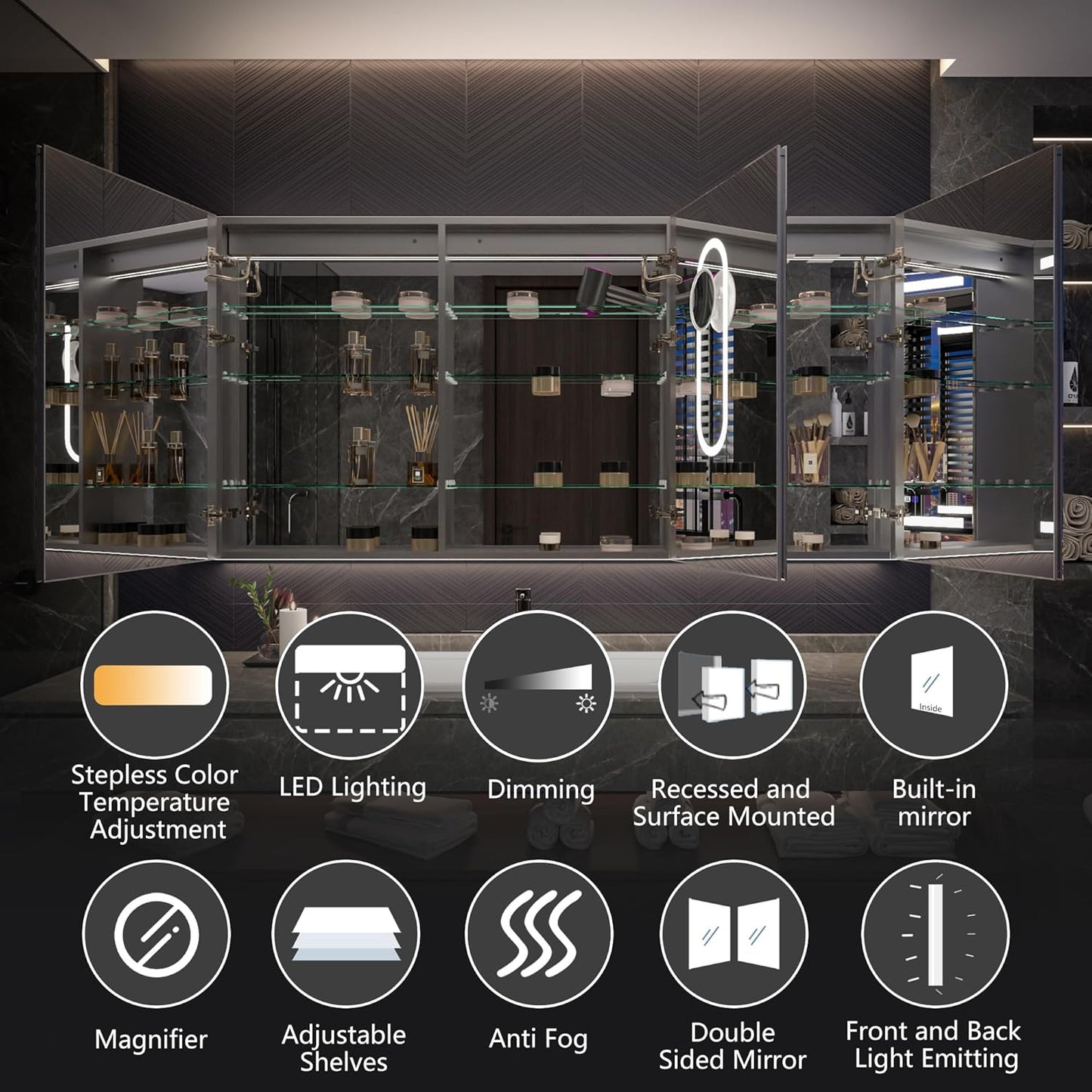 Lighted Medicine Cabinet with Mirror 72"x36" Recessed LED Medicine Cabinet Mirror, Front&Backlit, Anti-Fog, Stepless Dimming, 3-Color Temperatures, Magnifier, 2 Outlets, Storage Shelves, ETL Certified