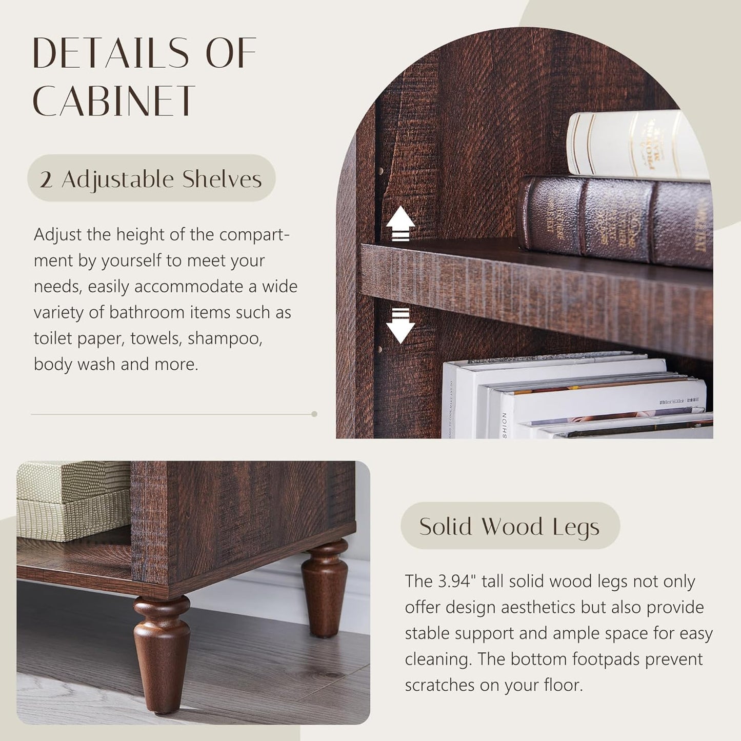 76" Tall Arched Bathroom Storage Cabinet, 5 Tiers Large Farmhouse Arched Cabinet w/Adjustable Shelves, Modern Wooden Storage Cabinet for Bathroom, Living Room, Entryway, Study Room (Brown)