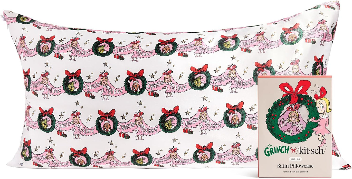 The Grinch x Kitsch Satin Pillowcase with Zipper for Hair & Skin - Softer Than Silk Pillow Cases, Smooth Cooling Pillow Cover, Wrinkle-Free, Machine Washable, King Size (19x36)- Cindy Lou