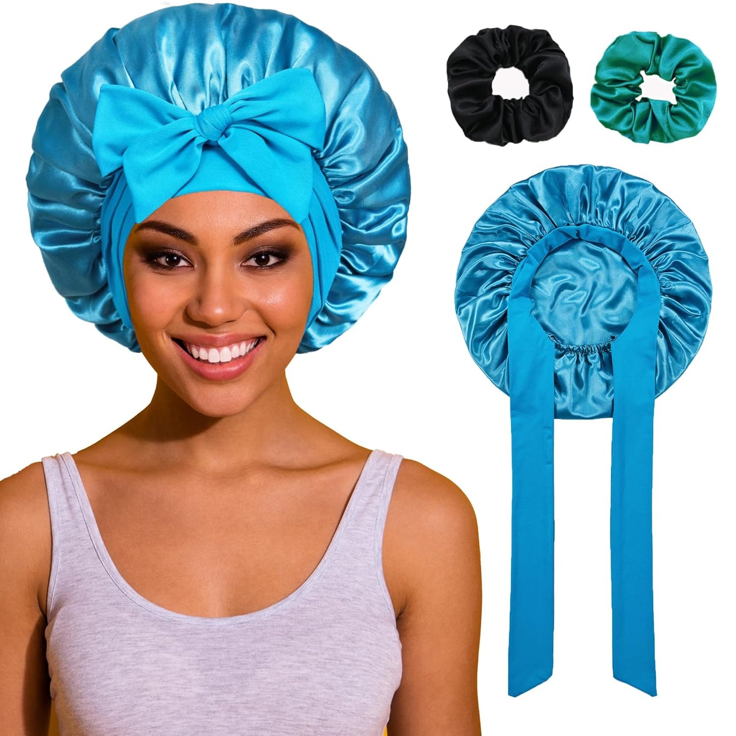 Bonnet with Tie Band, Satin Hair Silk Bonnet for Sleeping Women, Sleep Bonnets for Women, Double Layer Sleep Cap for Curly Hair Braids
