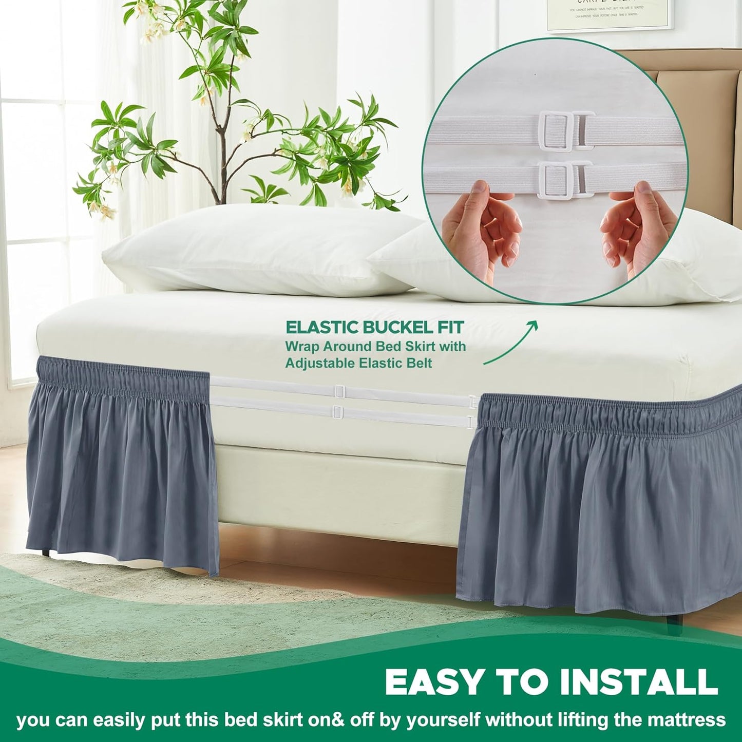 Biscaynebay Wrap Around Bed Skirts for King & Cal King Beds 18" Drop, Dark Grey Adjustable Elastic Dust Ruffles Easy Fit Wrinkle Resistant Silky Luxurious Fabric Machine Washable