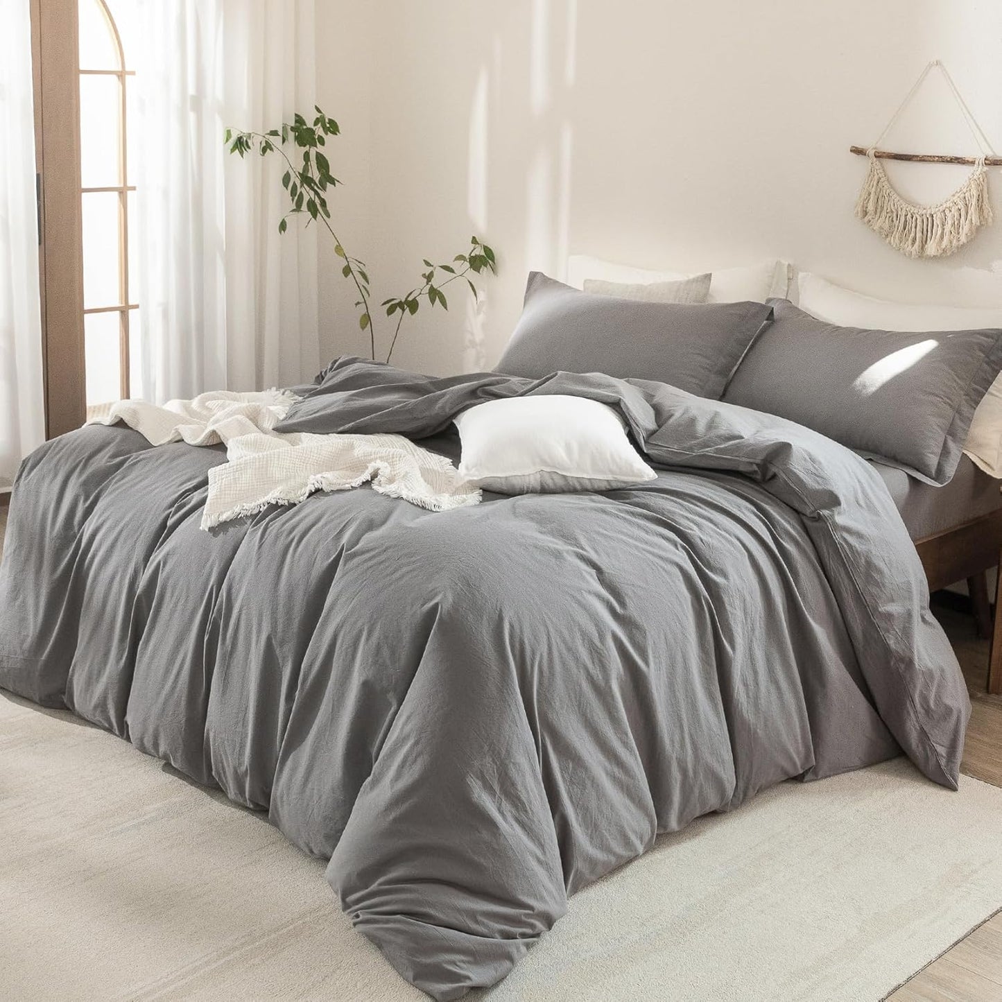 100% Washed Cotton Duvet Cover Queen Size Dark Grey Bedding Set Cover 1 Duvet Cover with Zipper Closure and 2 Pillowcases, 90inch x 90inch