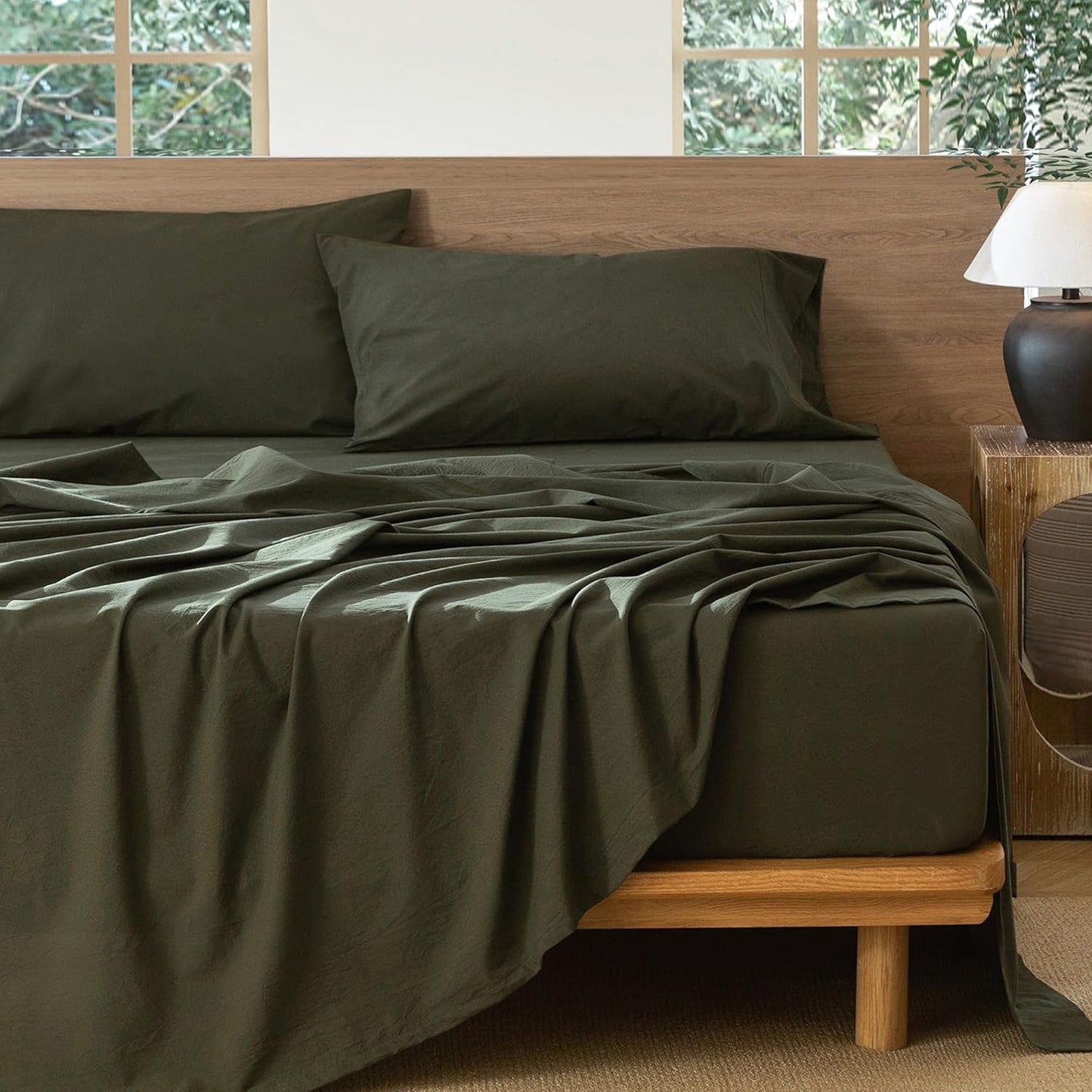MooMee Bedding Sheet Set 100% Washed Cotton Linen Like Textured Breathable Durable Soft Comfy (Solid Olive Green, Queen)
