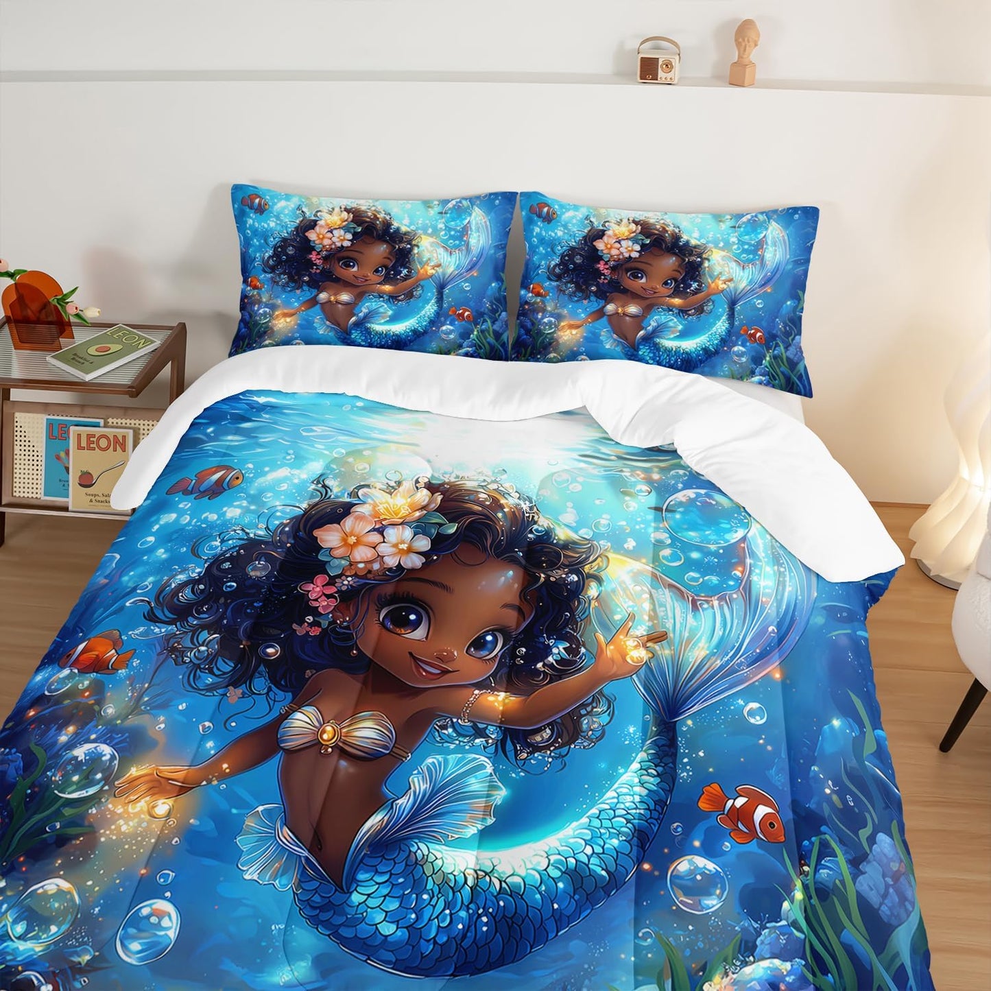 Black Little Mermaid Pattern King Comforter Set,Underwater World Ocean Themed Bedding Sets for Kids Toddlers Girls Boys Room Decor,Princess Bedding with 2 Pillowcases.