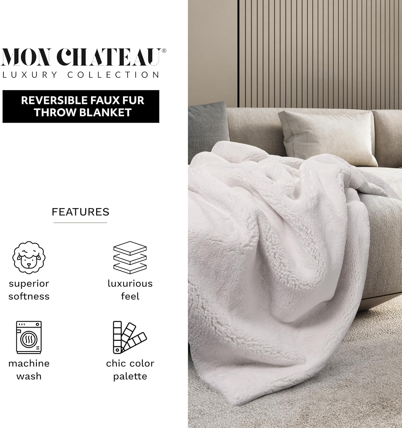 Mon Chateau 60" x 70" Embrace Foldover Faux Fur Throw, Plush Throw with 6cm Foldover for Couch, Sofa, or Bed, Ultra Soft Blanket for Sleeping or Home Decor, Moonlit Cream