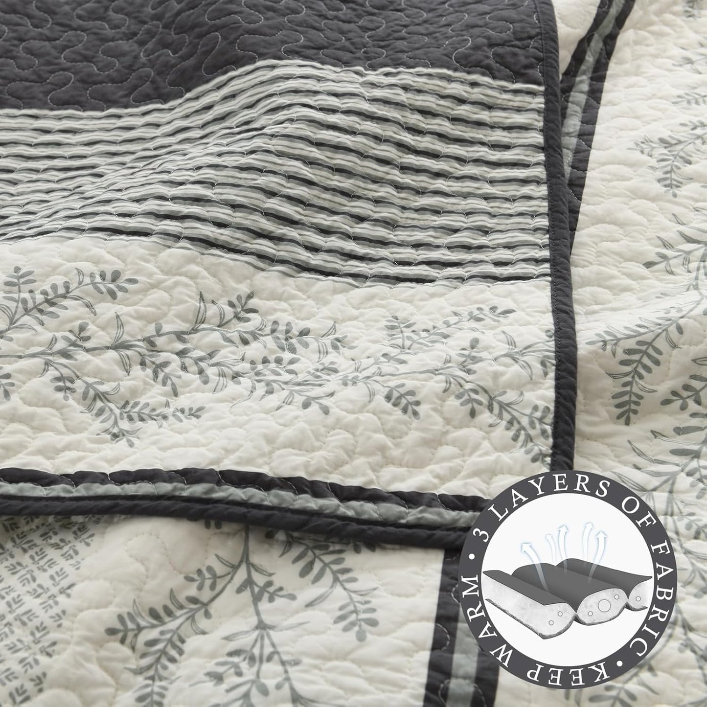 Stripe Quilts Queen Size - 100% Cotton Lightweight 3 Pieces Bedding Set, Vintage Vine Pattern Quilted Bedspread with 2 Pillow Shams, Farmhouse Printed Coverlet for All Season, Green/Gray