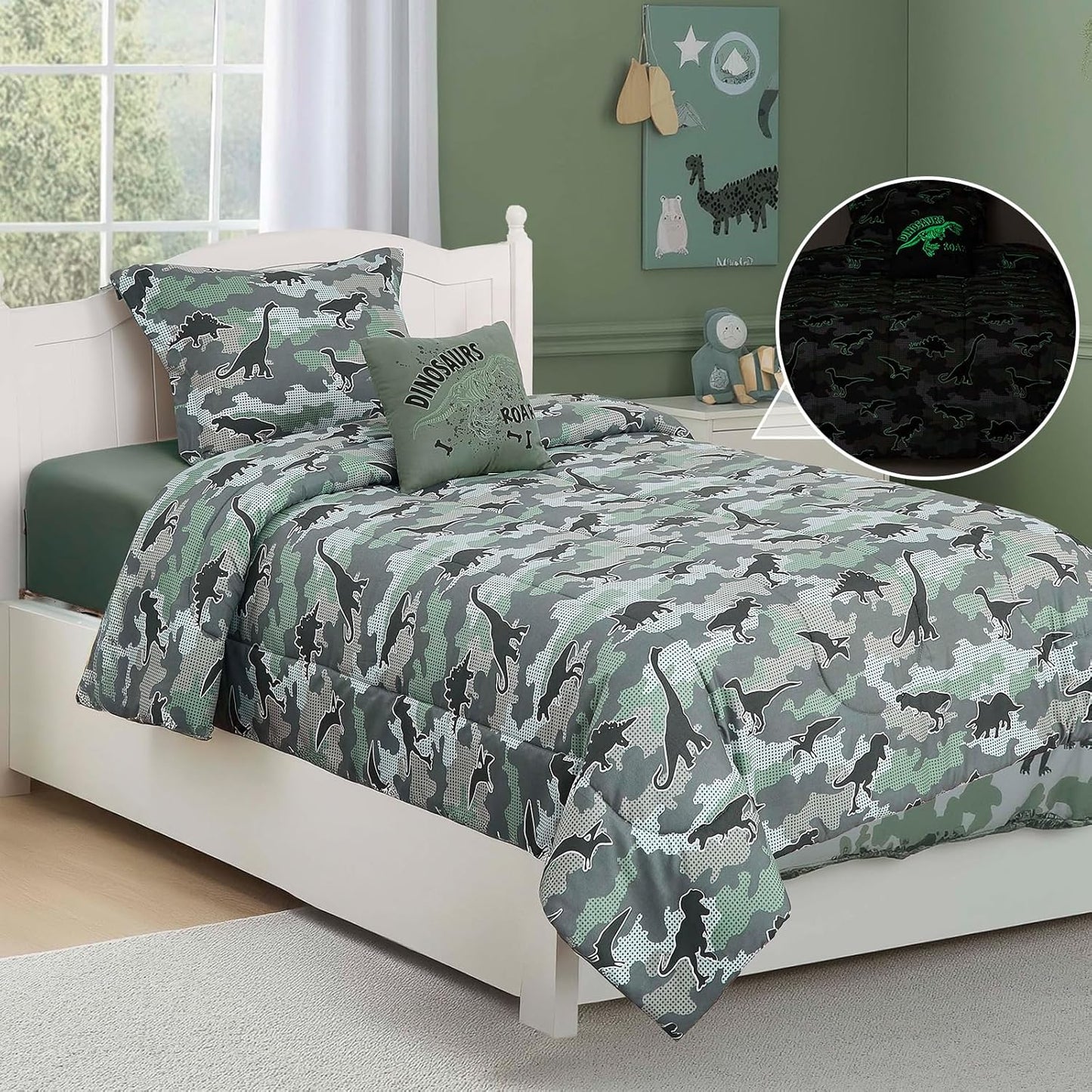 Twin Comforter Set for Boys-3 Pieces Dinosaur Glow in The Dark Twin Bedding Sets for Kids,1 Comforter,1 Sham and 1 Decor Pillow