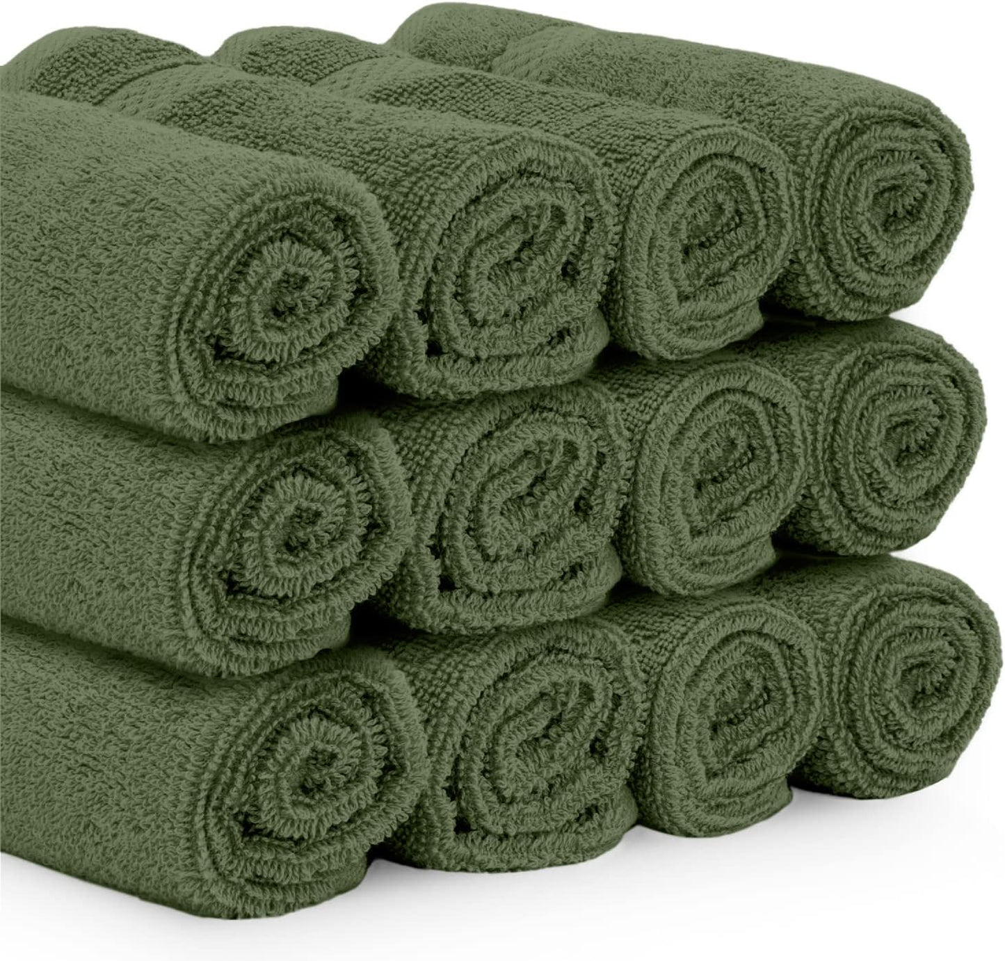 White Classic Luxury Cotton Washcloths 13x13 Inch - 650 GSM Turkish Cotton | Hotel, Spa, Bathroom Face Towel | 12 Pack, Forest Green