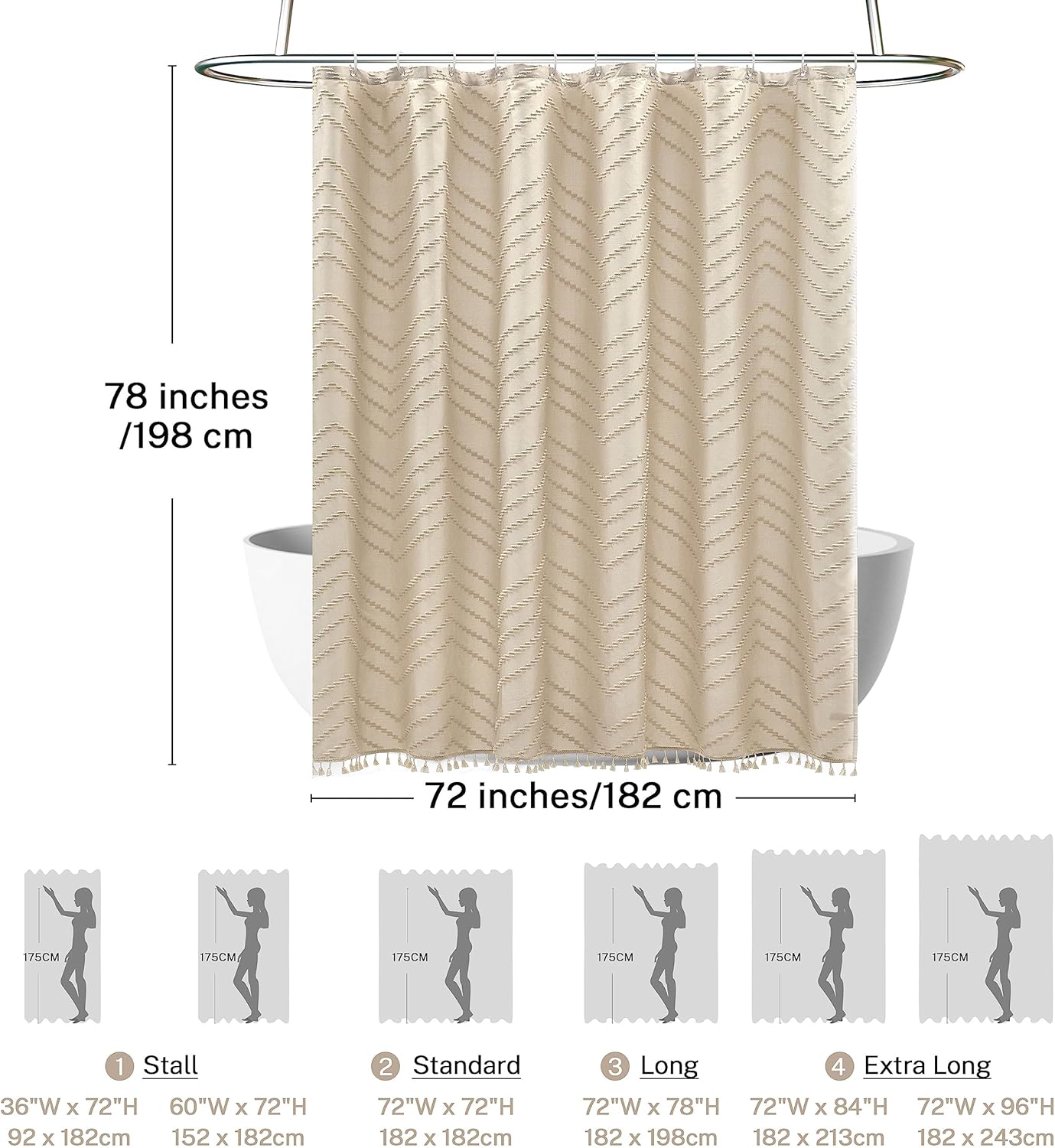 Farmhouse Boho Shower Curtain, Woven Fabric Beige Long, 72 x 78, Tufted Chevron Striped Modern Chic Textured Minimalist Bathroom Shower Curtain
