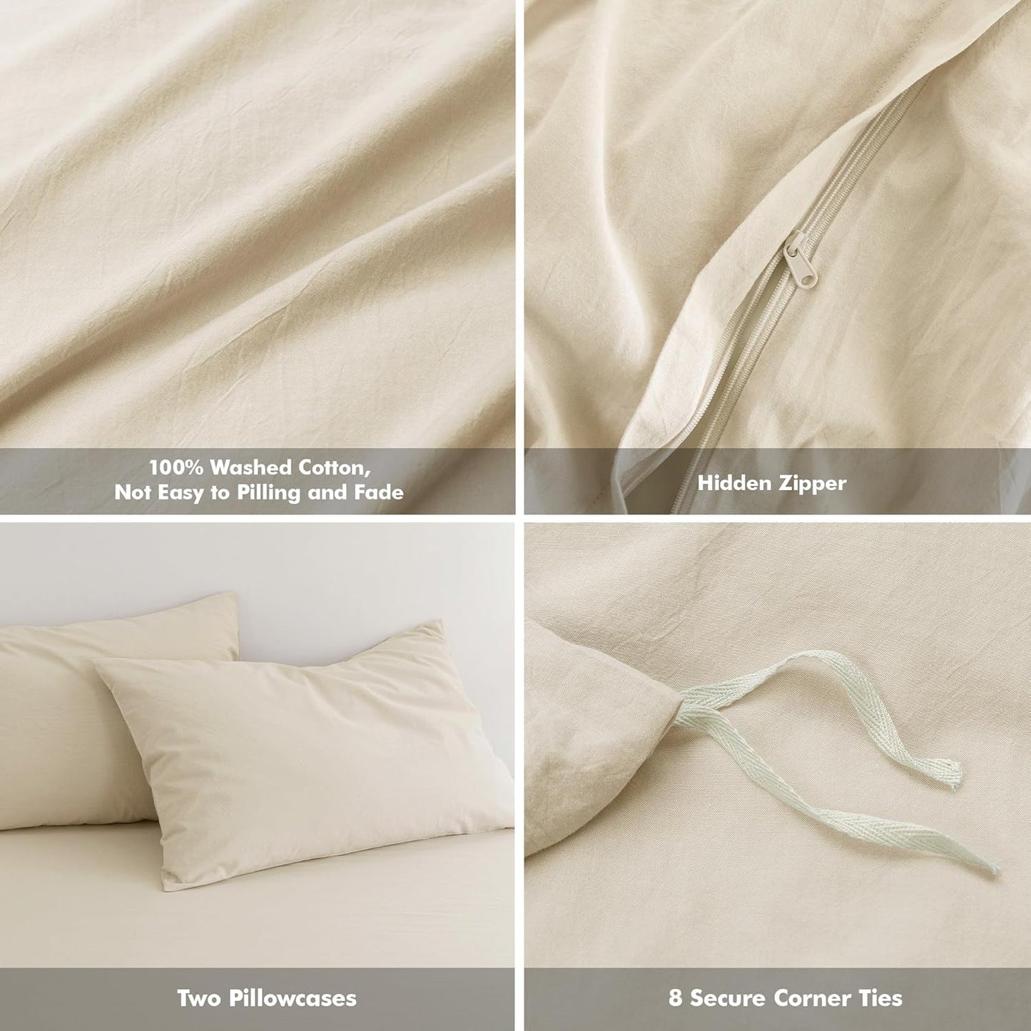 FOSSA Duvet Cover Set 100% Washed Cotton Linen Feel Super Soft Breathable Cozy 3 Pieces Bedding Sets Solid Almond Grey Oversized Queen