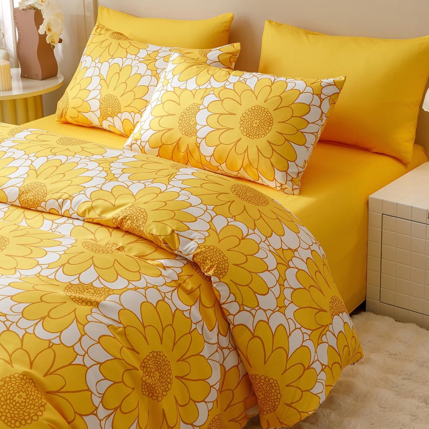 KAREVER Yellow Sunflower Comforter Set Full Size Yellow Sunflower Bedding Set 3 PCs Comforter Set Full Size Fluffy Linen Comforter Sets