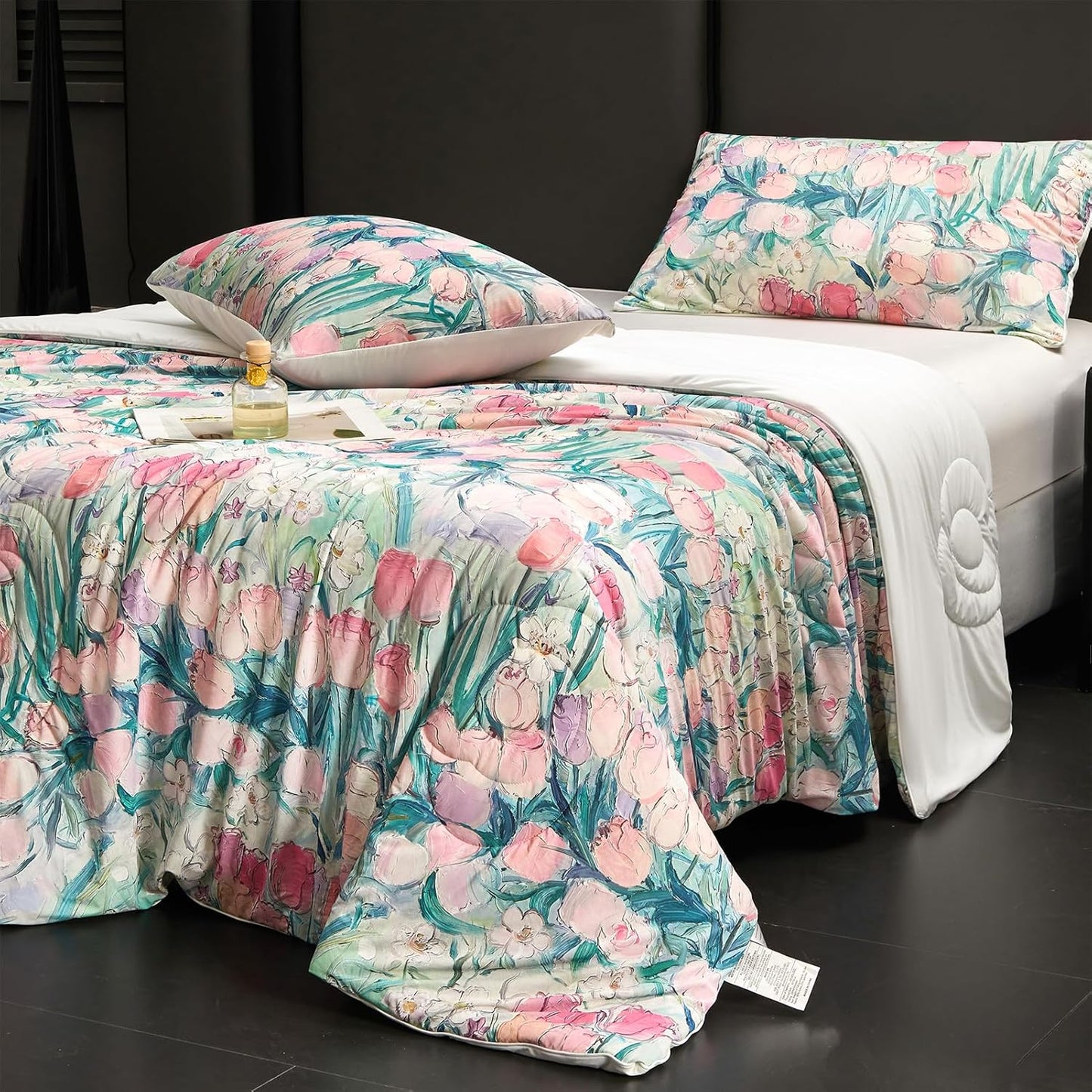 Cyusri Floral Print Cooling Comforter Set 3Pcs Breathable Cool Queen Size Bedding Set with 2 Pillowcases Pink Tulip Pattern Silky Cold Quilt, 90"x90"