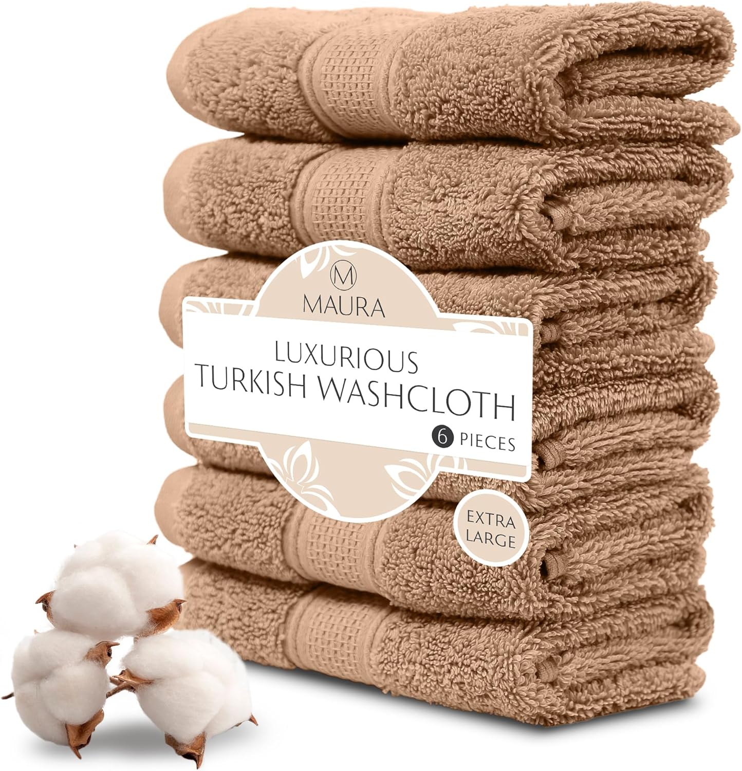 MAURA 6-Pack Premium Turkish Washcloth Set - Ultimate Luxury with Soft, Thick, Super Absorbent, and Oversized Cotton Face Towels - Ideal for a Hotel & Spa Quality Experience in Classic Brown Elegance