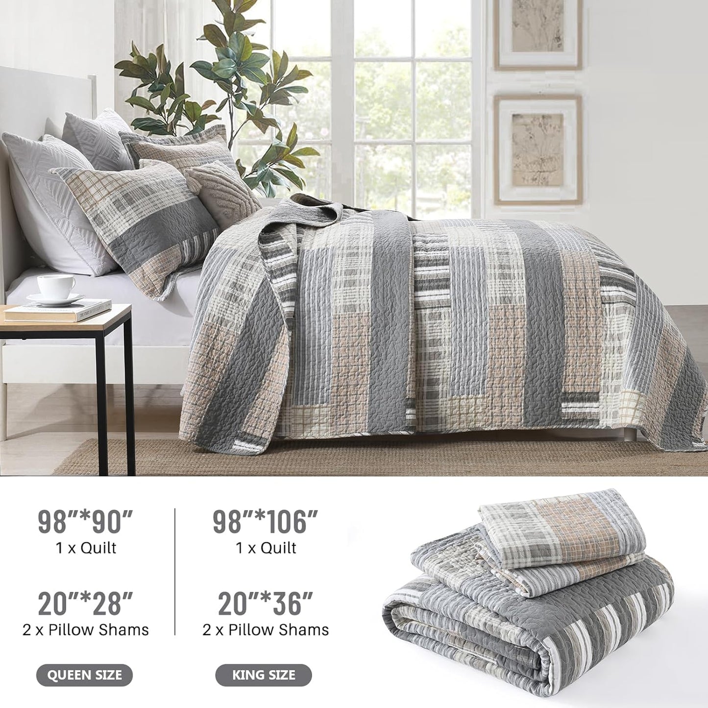 Farmhouse King Quilt Set - 100% Cotton Patchwork Striped Plaid King Size Quilt Bedspread, Grey Brown Beige Lightweight Reversible Coverlet Bedding Set with 2 Pillow Shams, All Season-98x90