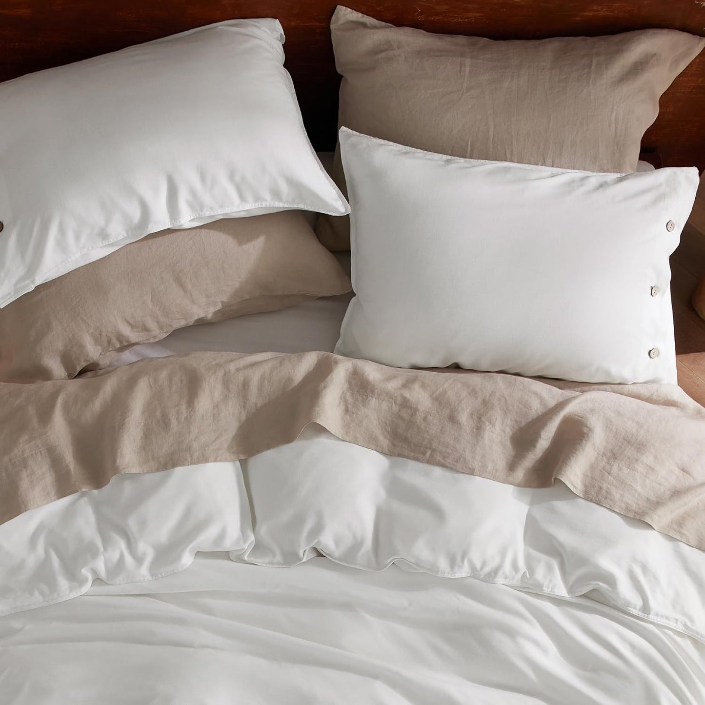Bedsure Linen Duvet Cover Queen Size - Linen Cotton Blend Bedding Set, Soft & Cozy, 3 Pieces, 1 Duvet Cover 90x90 Inches and 2 Pillowcases, White Color Cooling Bedding, Comforter Sold Separately