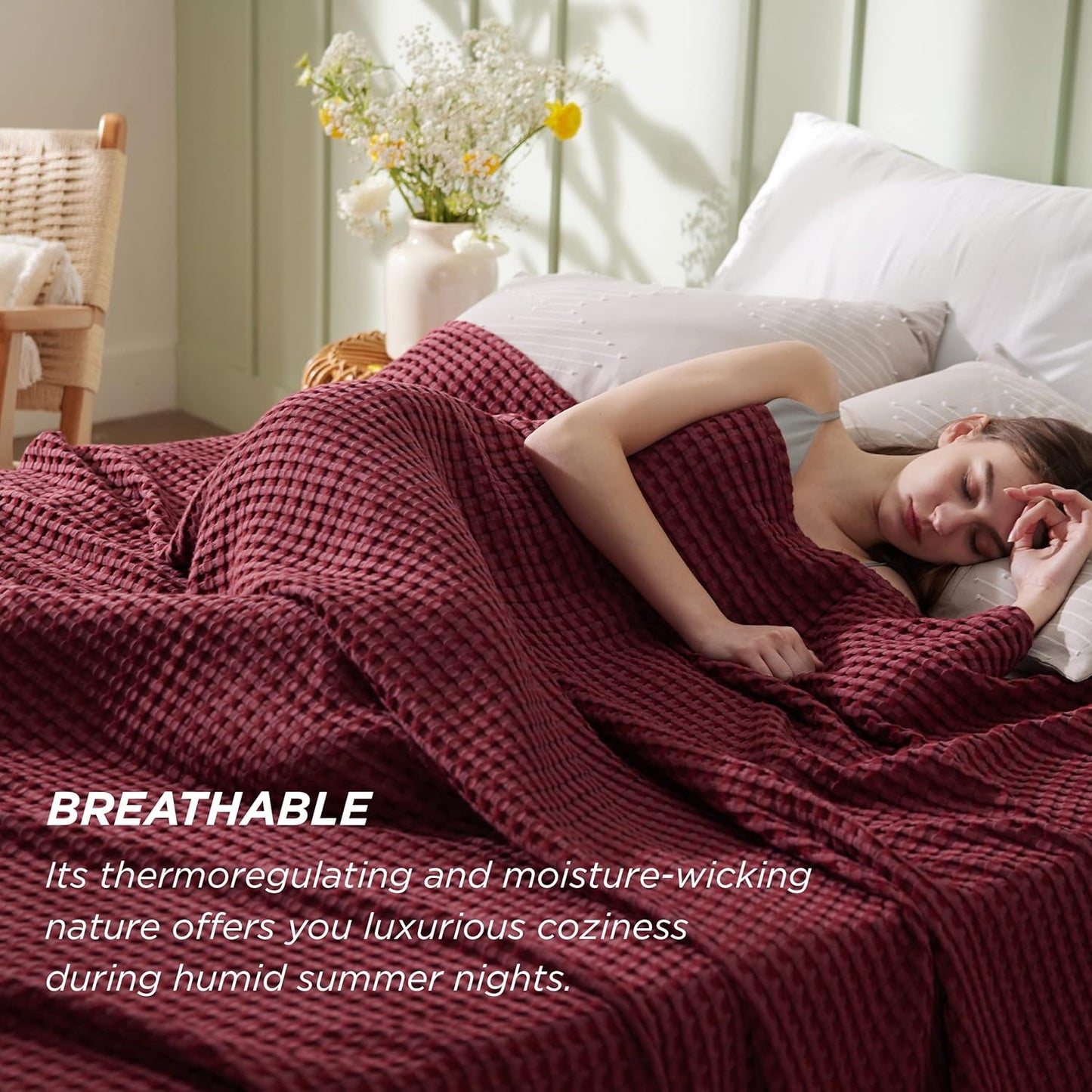 Bedsure Cooling Cotton Waffle Weave Blanket - Lightweight Breathable Blanket of Rayon Derived from Bamboo for Hot Sleepers, Luxury Throws for Bed, Couch and Sofa, Burgundy, 50x70 Inches