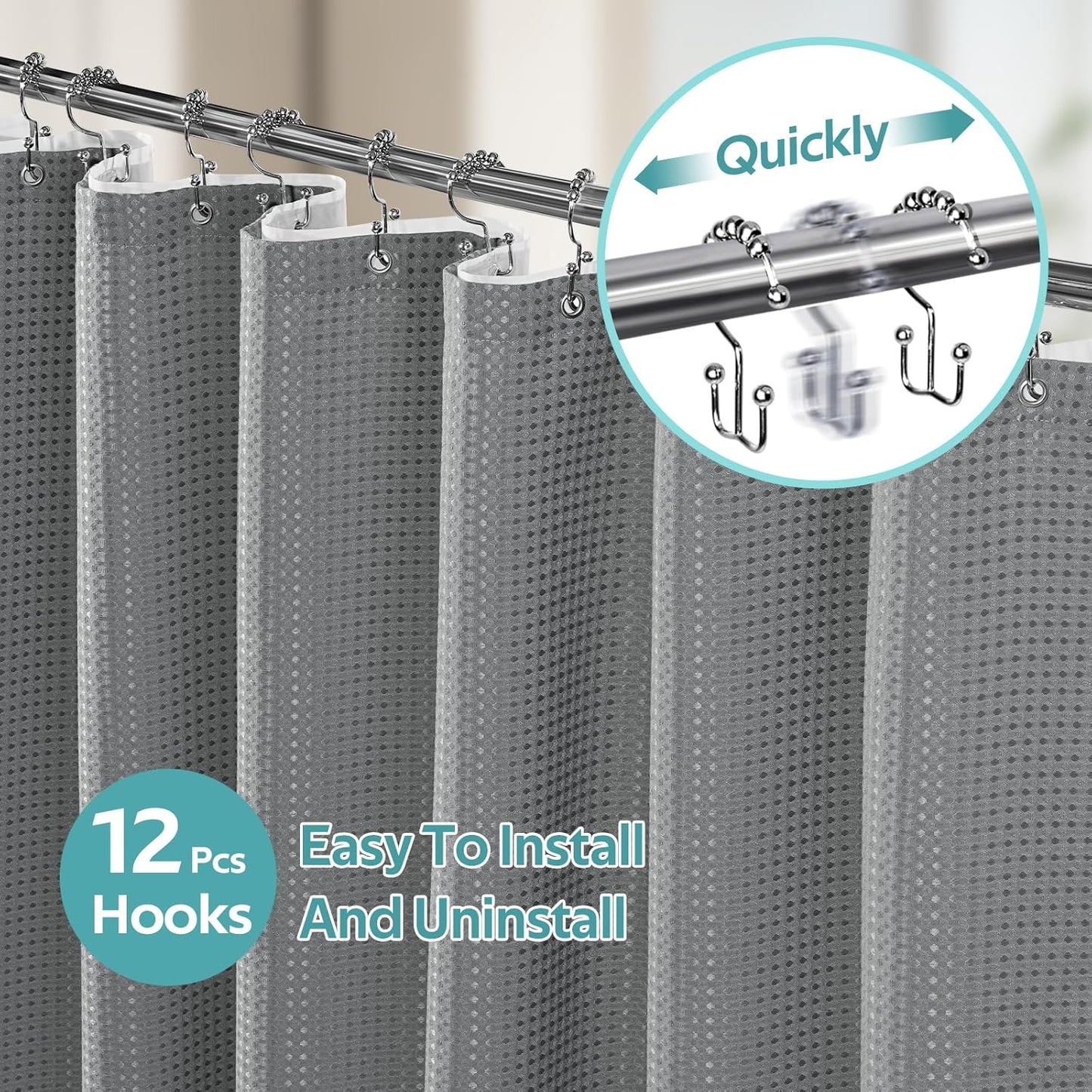3 in 1 Shower Curtain Set, Waffle Shower Curtain and Liner Set with 12 Double Sided Shower Curtain Hooks, 258GSM Luxury Weighted Cloth Shower Curtains for Bathroom, 72 W x 72 H, Grey