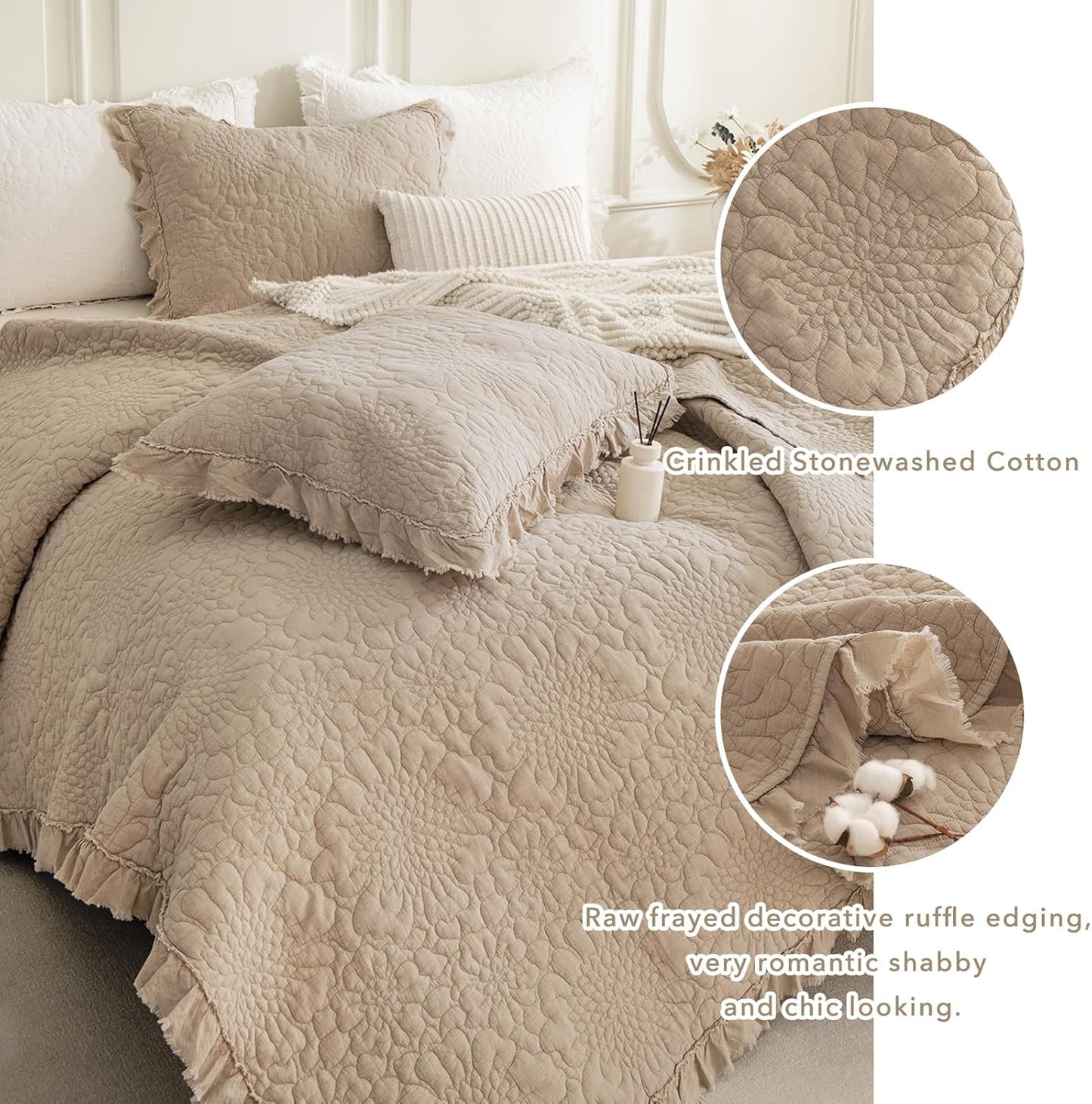 QSH 3PCs Stonewashed Cotton Quilt King (110"x98"), Dark Wheat Ruffled Quilt King Size Bedding Set,Ultra Lightweight Soft Crinkled Bedspread Coverlet King Shabby Farmhouse Chic Bedding for All Seasons