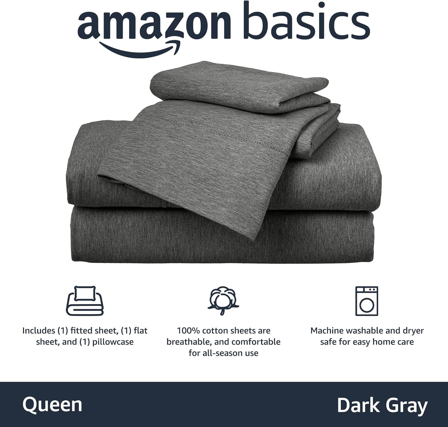 Amazon Basics 4 Piece Bed Sheet Set, 100% Cotton Jersey, Includes Super Soft, Flat and Fitted Sheets, Pillowcase, Queen, Dark Gray, Solid