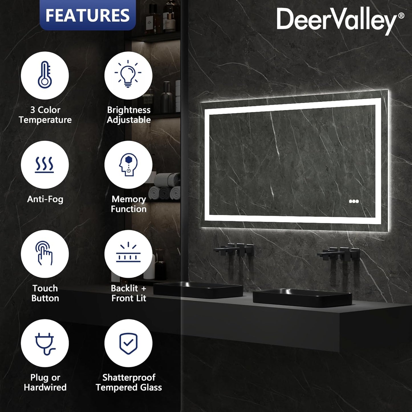 DeerValley LED Bathroom Mirror, 55" x 30" Front and Backlit Wall Mounted Bathroom Vanity Mirror, Anti-Fog, 3 Colors Dimmable, Shatterproof, Tempered Glass, Memory Function (Horizontal/Vertical)