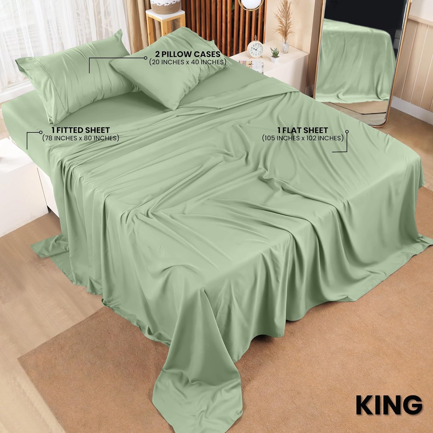 Utopia Bedding King Sheet Set – 4 Piece Bed Sheets for King Size Bed, Soft and Breathable Microfiber, Includes 1 Fitted Sheet, 1 Flat Sheet and 2 Pillowcases (Sage)