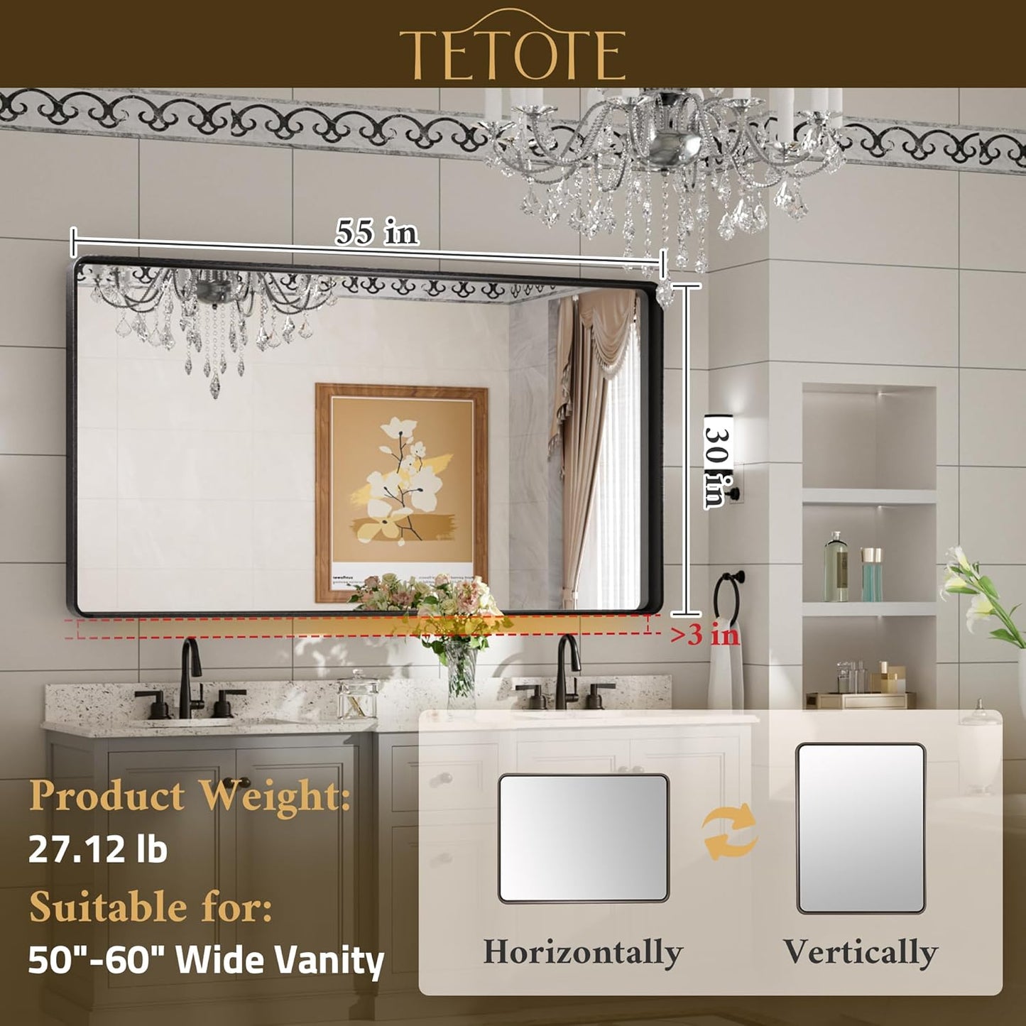 TETOTE 55 x 30 Inch Bathroom Mirror, Brushed Gold Metal Framed Wall Mounted Mirrors, Brushed Brass Rectangle Modern Decorative Vanity Mirror (Horizontal/Vertical)
