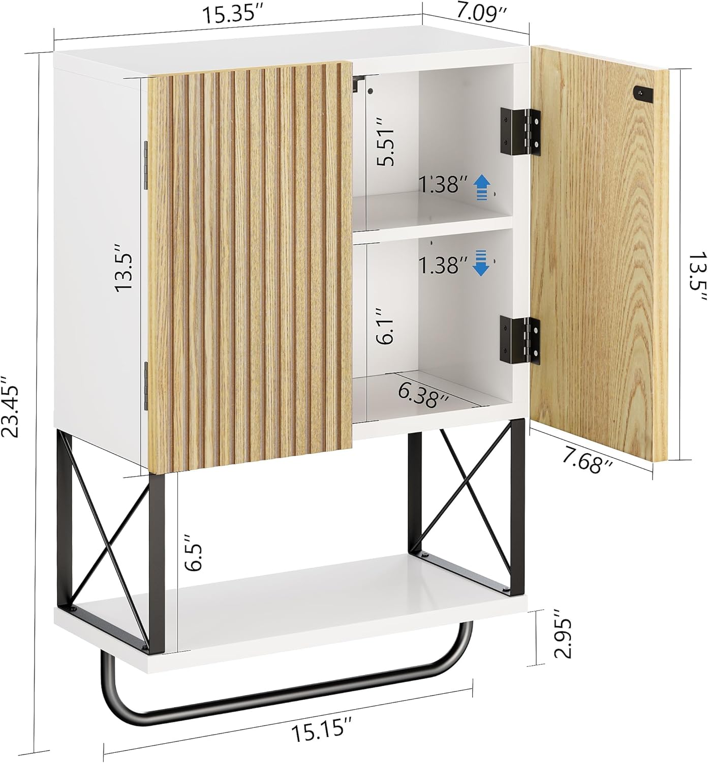 Bathroom Wall Medicine Cabinet, Fluted Hanging Wall Mounted Cabinet with Towel Bar, Above Toilet Storage Cabinet for Bathroom Organizers and Storage, White