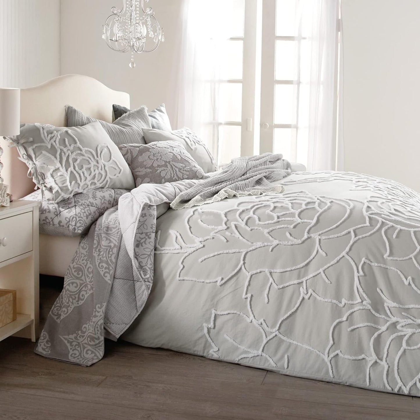 Peri Home 100% Cotton 3-Piece Duvet Cover and Sham Set, King, Grey Chenille Rose