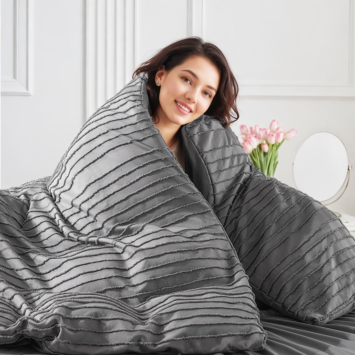 NEXHOME PRO Twin Duvet Cover, Grey 2 Pieces Boho Tufted Twin Size Duvet Cover Set, Soft and Lightweight Microfiber Comforter Cover Set for All Season (Grey Twin, 66 x 90)-No Comforter