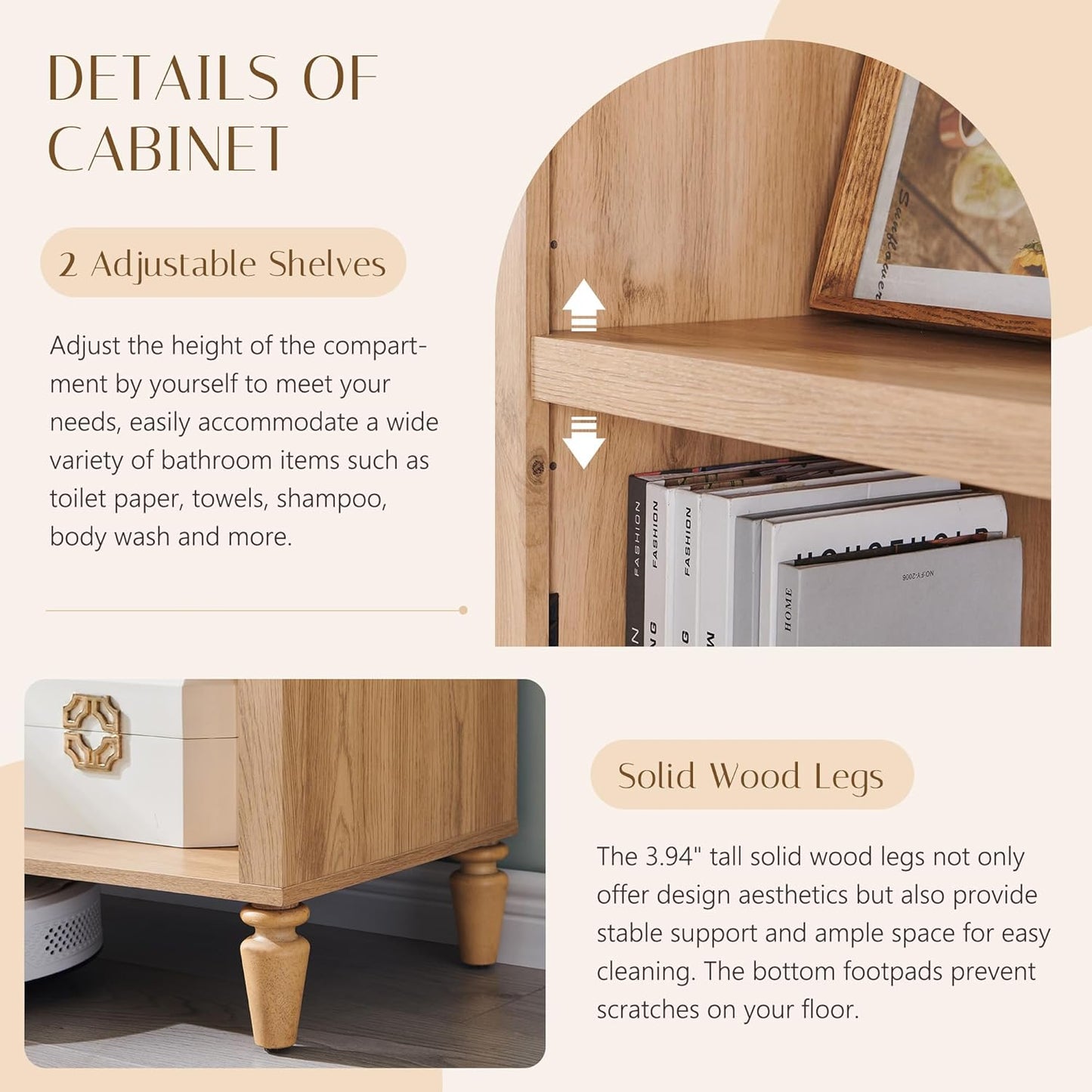 76" Tall Arched Bathroom Storage Cabinet, 5 Tiers Large Farmhouse Arched Cabinet w/Adjustable Shelves, Modern Wooden Storage Cabinet for Bathroom, Living Room, Entryway, Study Room (Natural)