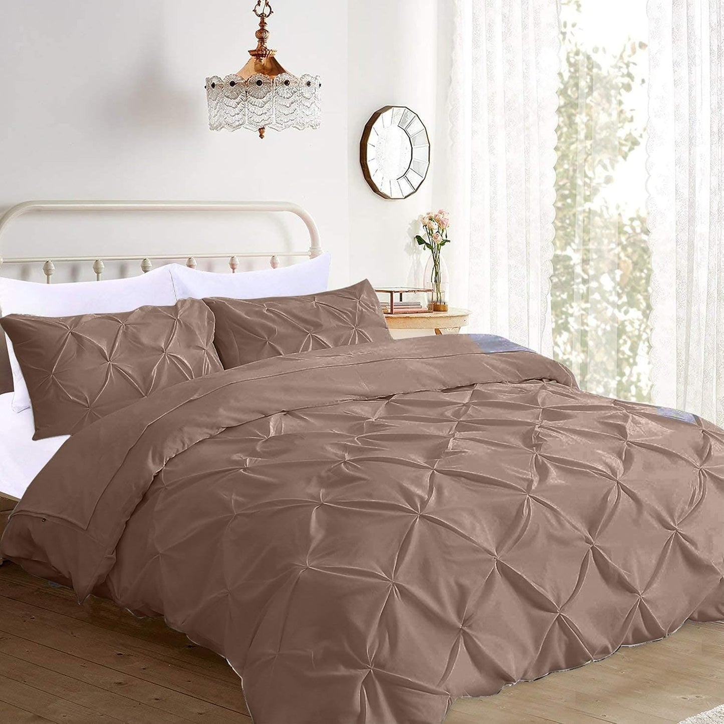 Pinch Pleated Duvet Cover Set 100% Cotton 3PC Twin Size 68x90 Duvet Cover Set, Decorative Pinch Design Taupe Duvet Cover with Matching Pillow Case