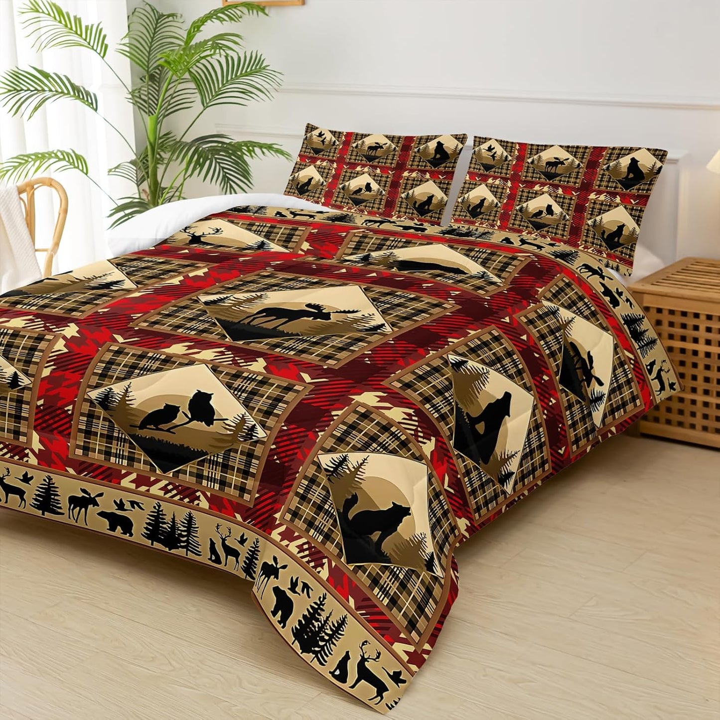 Red and Black Plaid Comforter Set King，King Size Bedding Set Animal Print，Rustic Farmhouse Quilt Bedding Sets King，Animal Print Bedroom Decor，with 1 Comforter with 2 Pillow Case